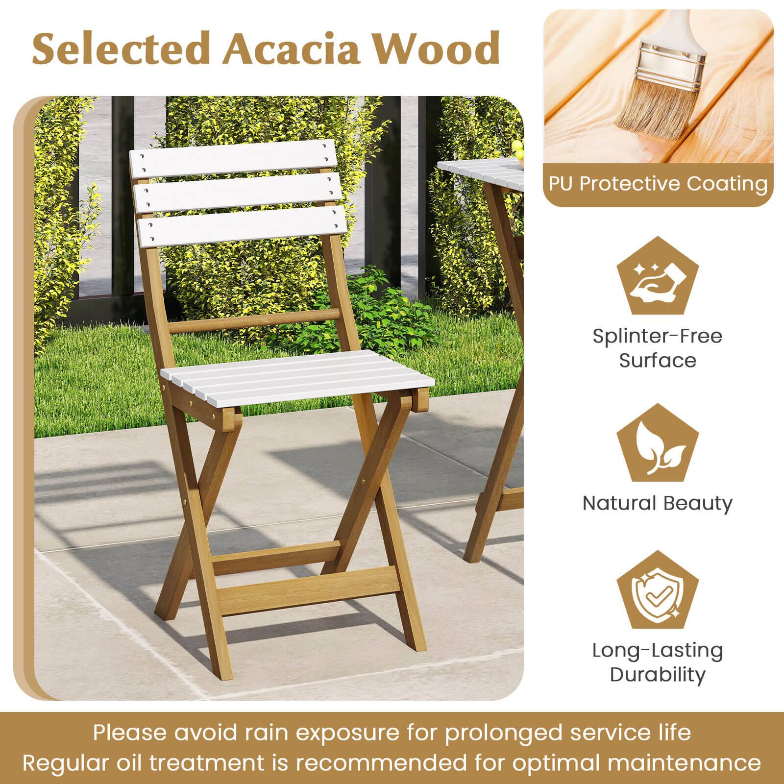 Selected Acacia Wood, PU Protective Coating, Splinter-Free Surface, Natural Beauty, Long-Lasting Durability. Please avoid rain exposure for prolonged service life. Regular oil treatment is recommended for optimal maintenance.