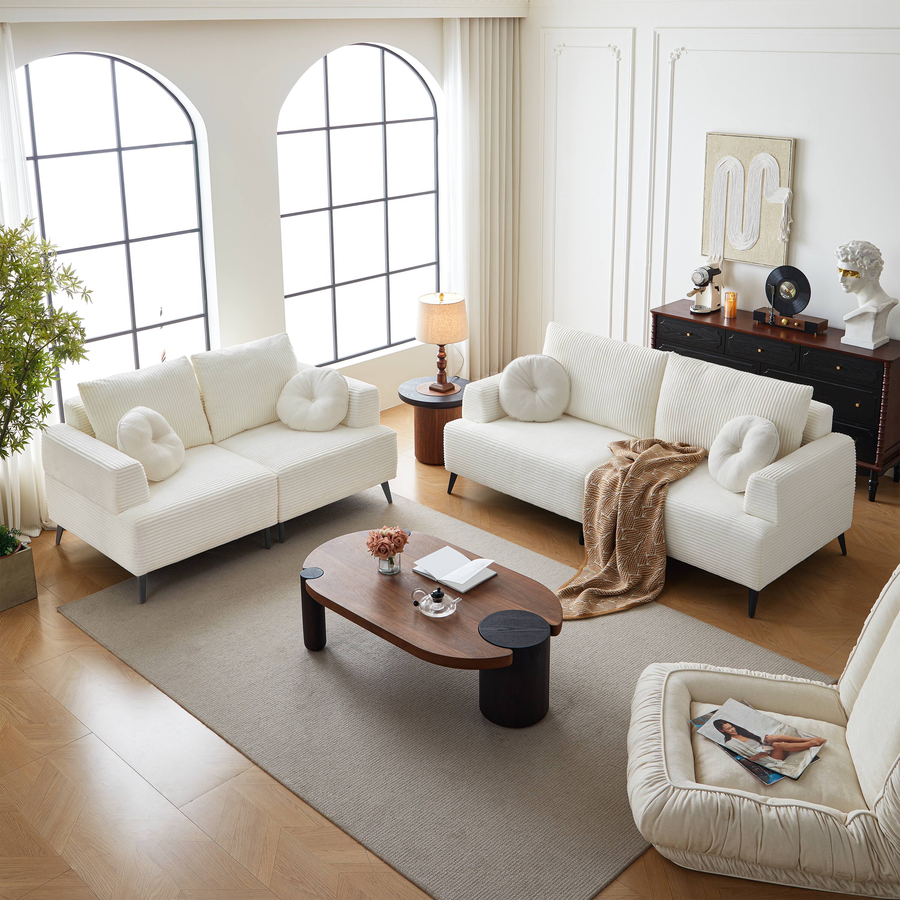 Front. MSOOB - 2 Piece Modern White Corduroy Living Room Sofa Set Included 3 Seater Sofa And Loveseat - White.