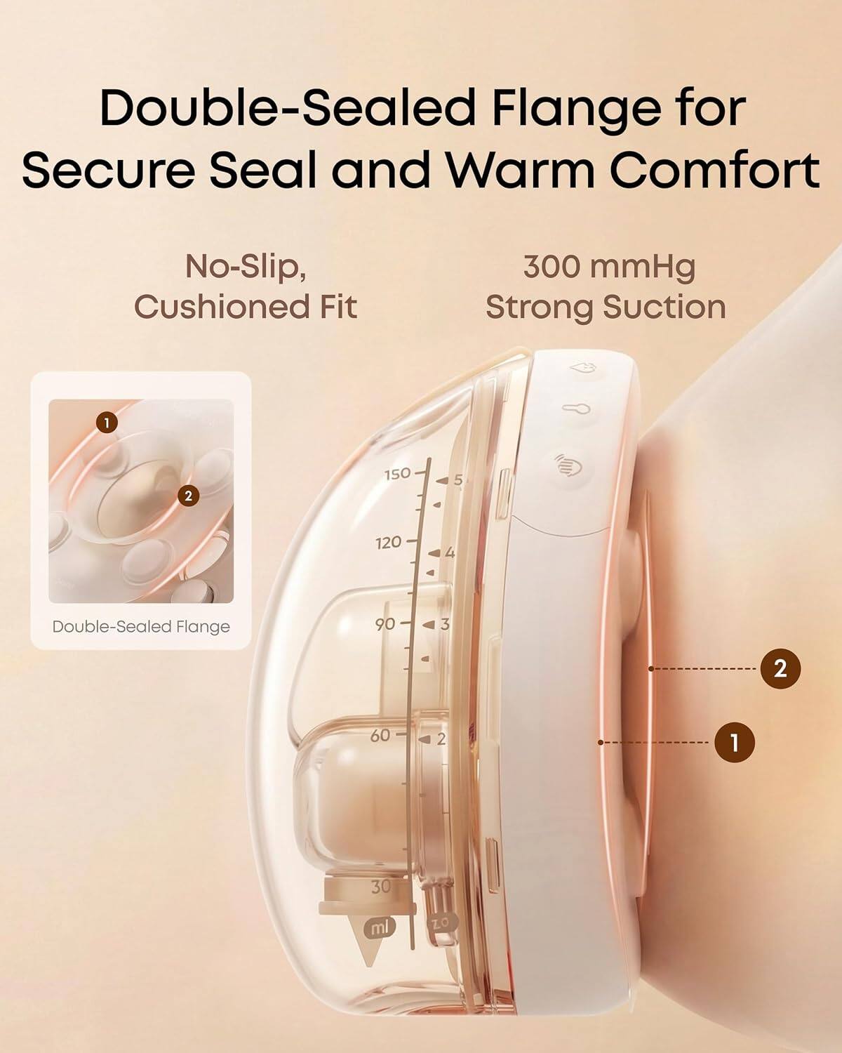 Double-Sealed Flange for Secure Seal and Warm Comfort  
No-Slip, Cushioned Fit  
300 mmHg Strong Suction  

1. Double-Sealed Flange  
2.