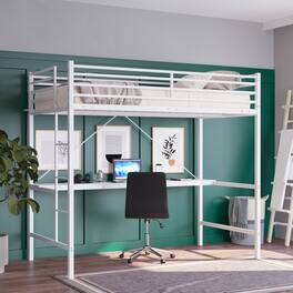 Emma + Oliver - Jensen Metal Loft Bed Frame with Desk, Protective Guard Rails and Ladder for Kids, Teens and Adults - White