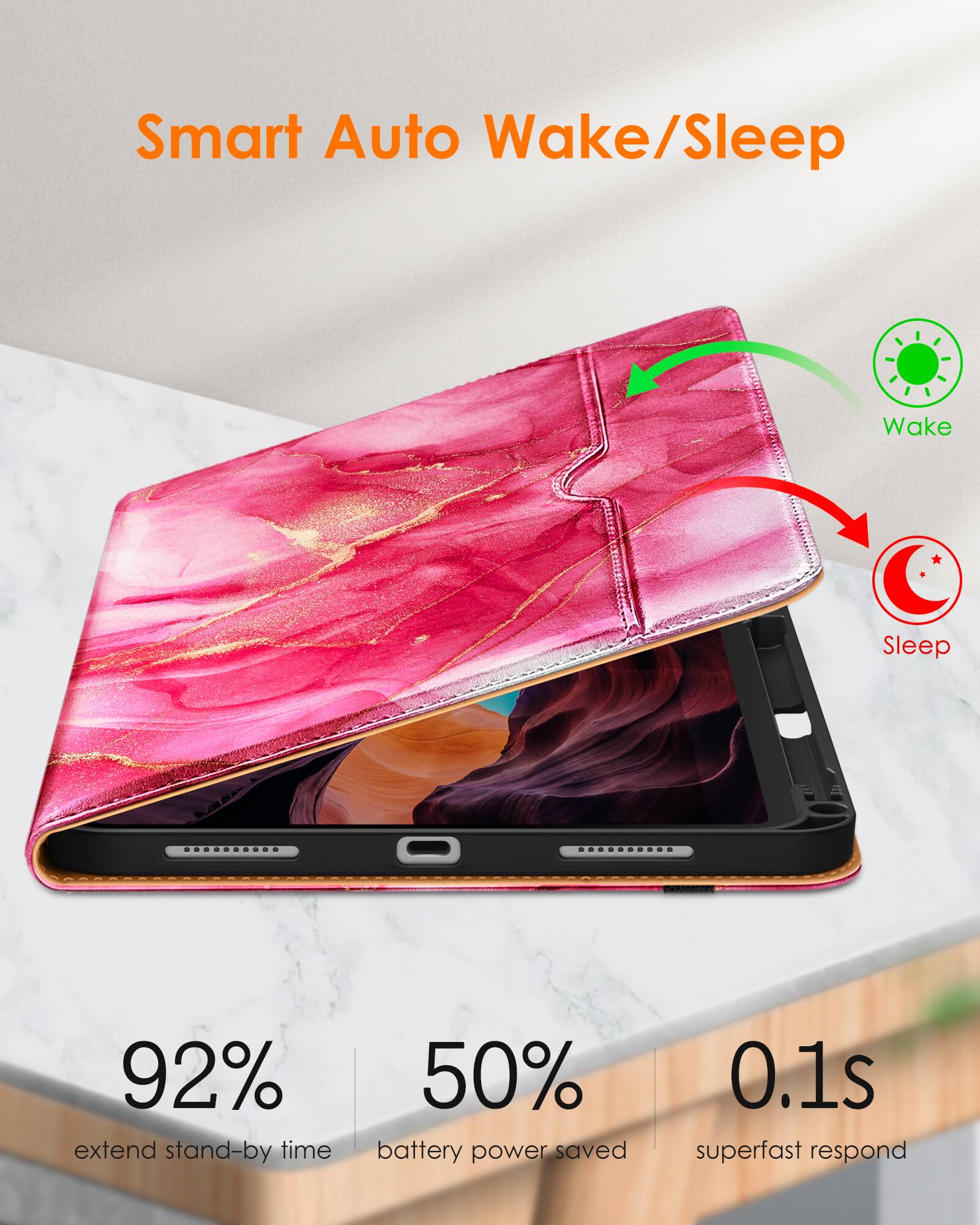 Smart Auto Wake/Sleep

- 92% extend stand-by time
- 50% battery power saved
- 0.1s superfast respond

Wake
Sleep