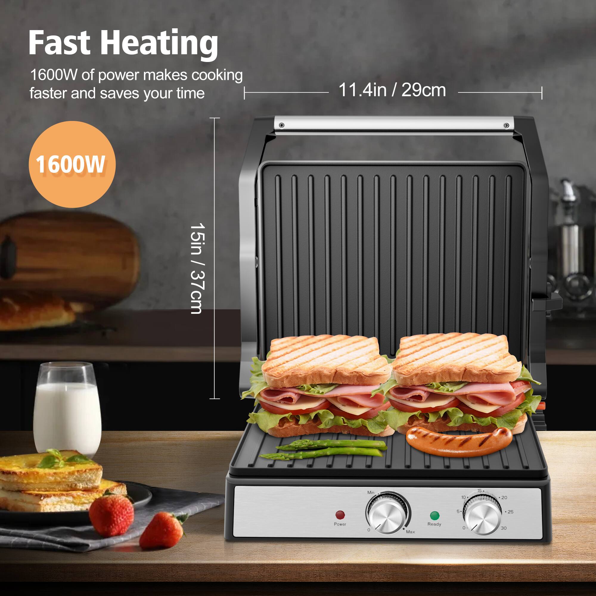 Fast Heating 1600W of power makes cooking faster and saves your time 11.4in / 29cm / 1600W 15in / 37cm