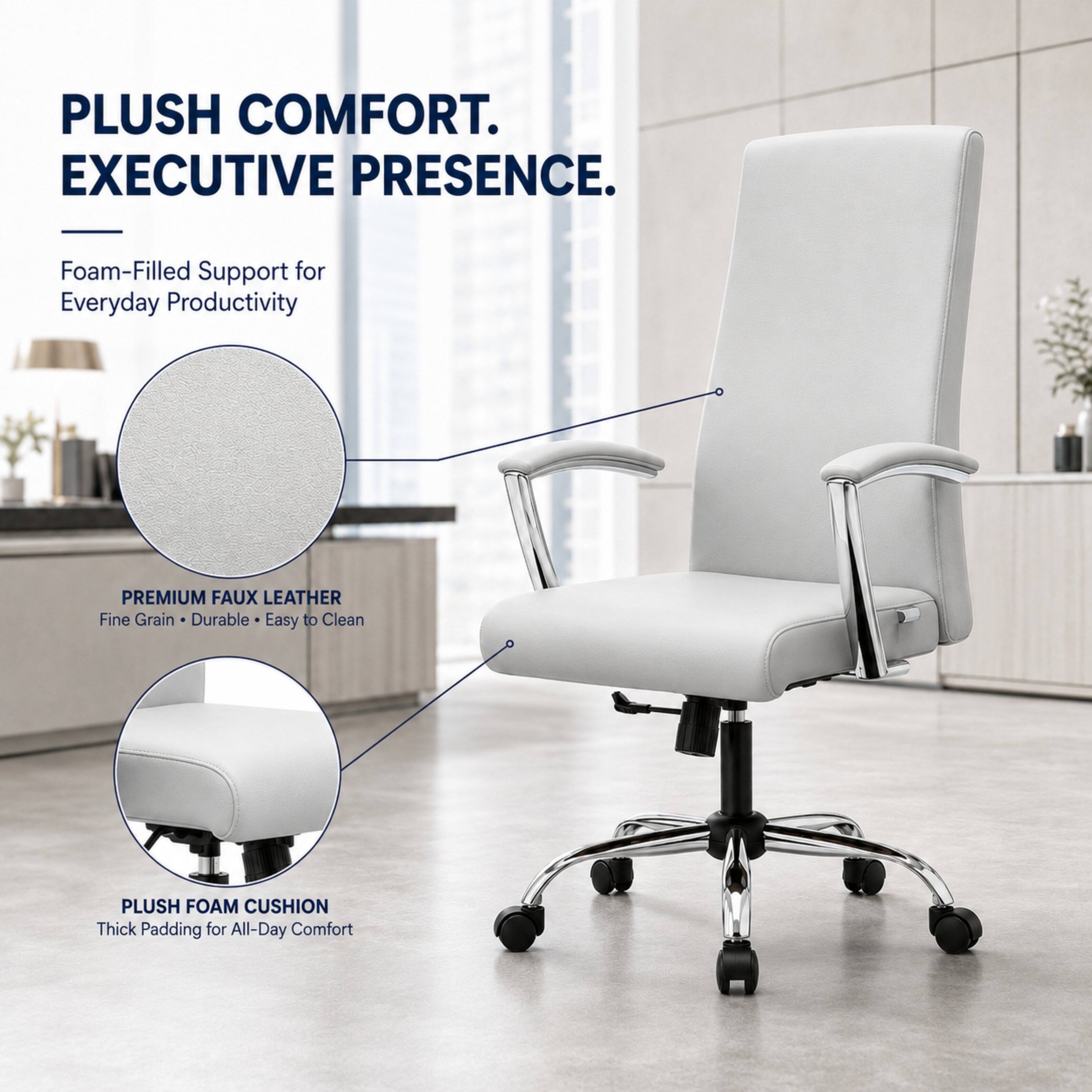 PLUSH COMFORT. EXECUTIVE PRESENCE.

Foam-Filled Support for Everyday Productivity

PREMIUM FAUX LEATHER
Fine Grain • Durable • Easy to Clean

PLUSH FOAM CUSHION
Thick Padding for All-Day Comfort