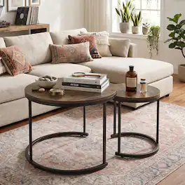 WELLFOR - Modern Nesting Coffee Table Set of 2, 24 in Round Coffee Table for Small Place, End Side Tables Night Stand - Rustic Brown