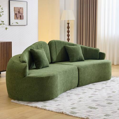 Angle. Anysun - Curved 4-Seat Compressed Chenille Sofa - Long-Lasting Support, Removable Backrest, Retro Style for Small Spaces - Green.