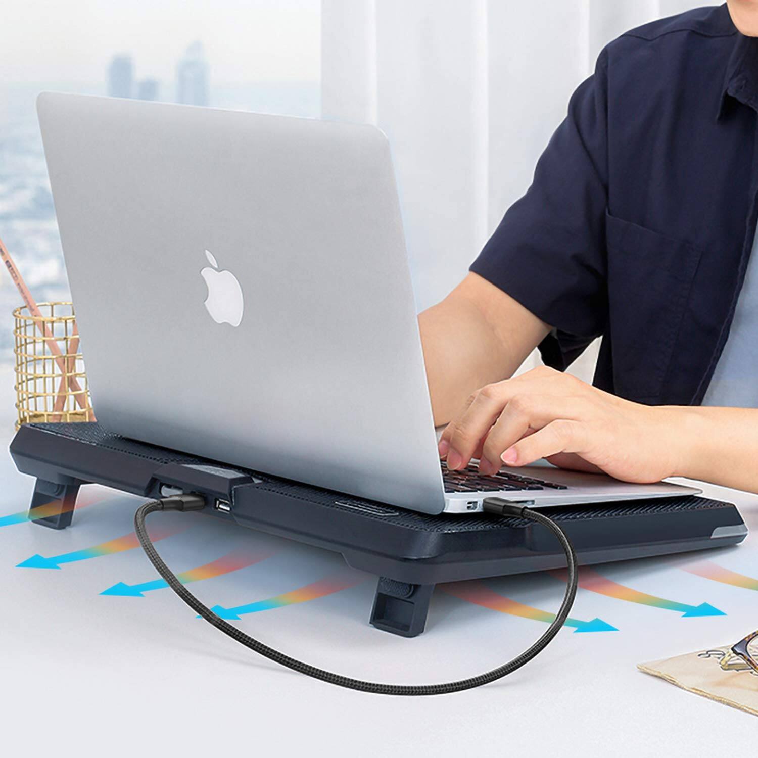 Alt View 3. HongFei - S035 5 Fans Blue Light Laptop Cooling Pad and 2 Pack Type A Male to Type A Male Cable Set - black.