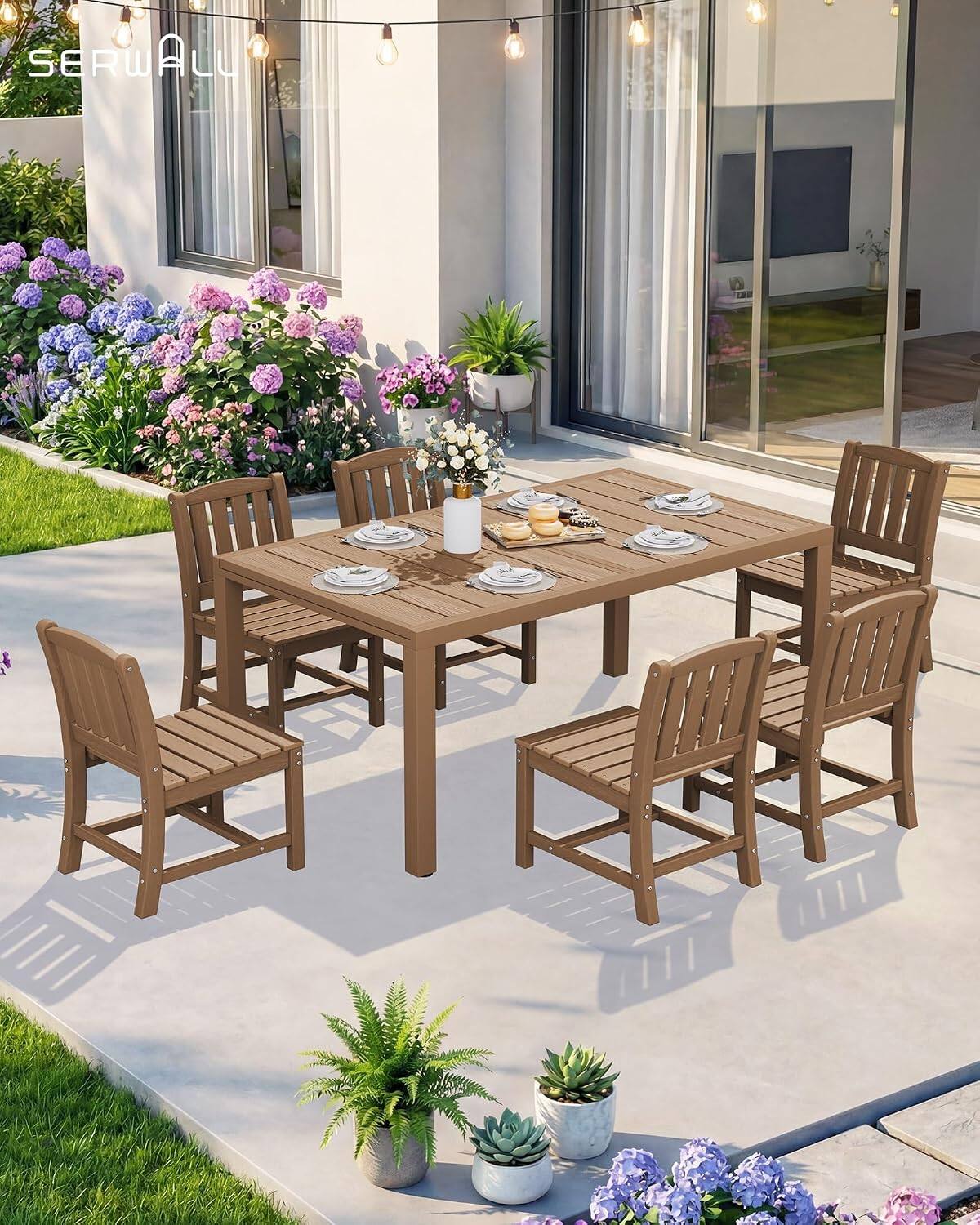 Alt View 4. SERWALL - SERWALL Outdoor Dining Chairs Set of 4, All-Weather HDPE Patio Armless Chairs Suitable Outdoor Dining Table, Brown - Brown.