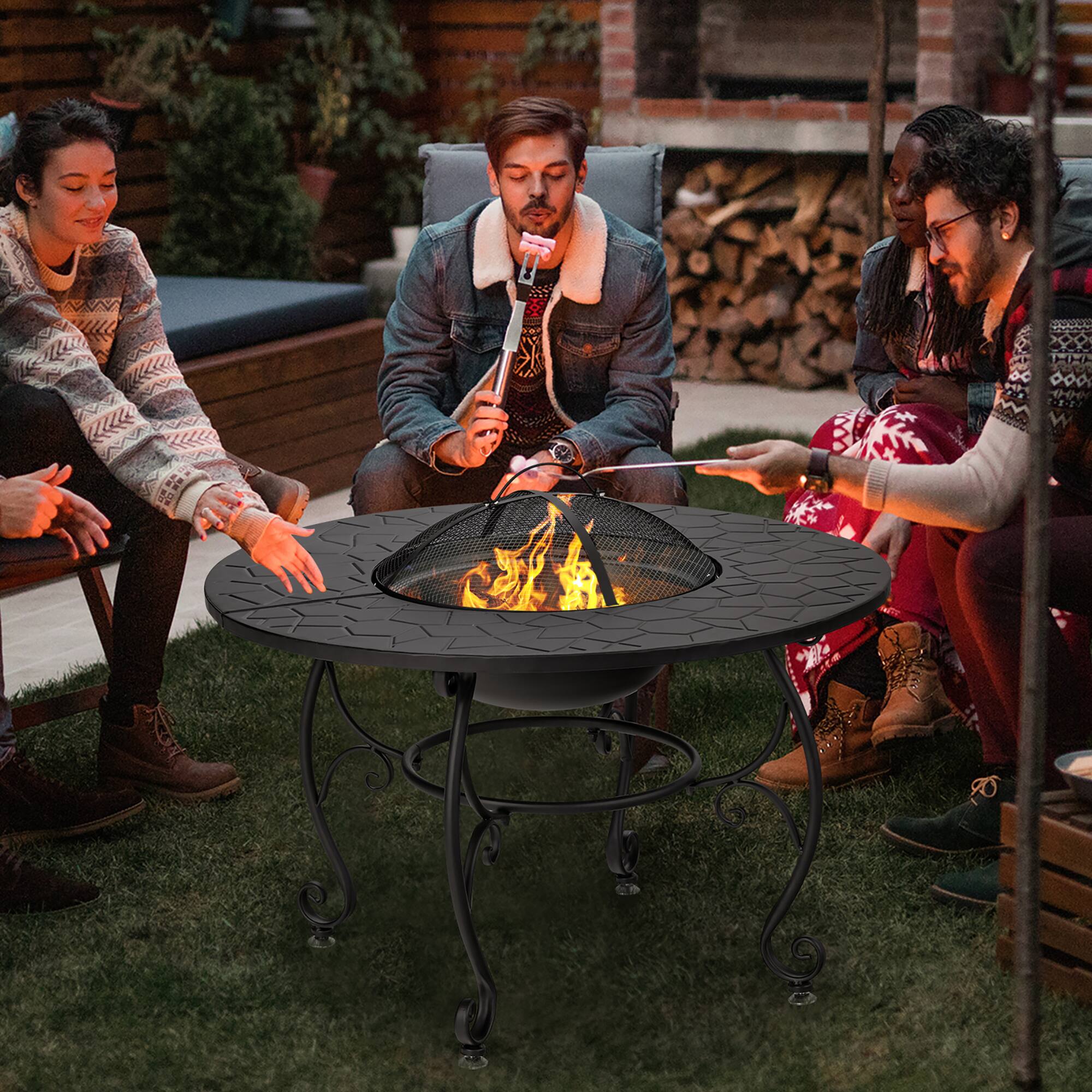 Alt View 2. Costway - Costway 35.5" Patio Fire Pit Dining Table Charcoal Wood Burning W/ Cooking BBQ Grate - Black.