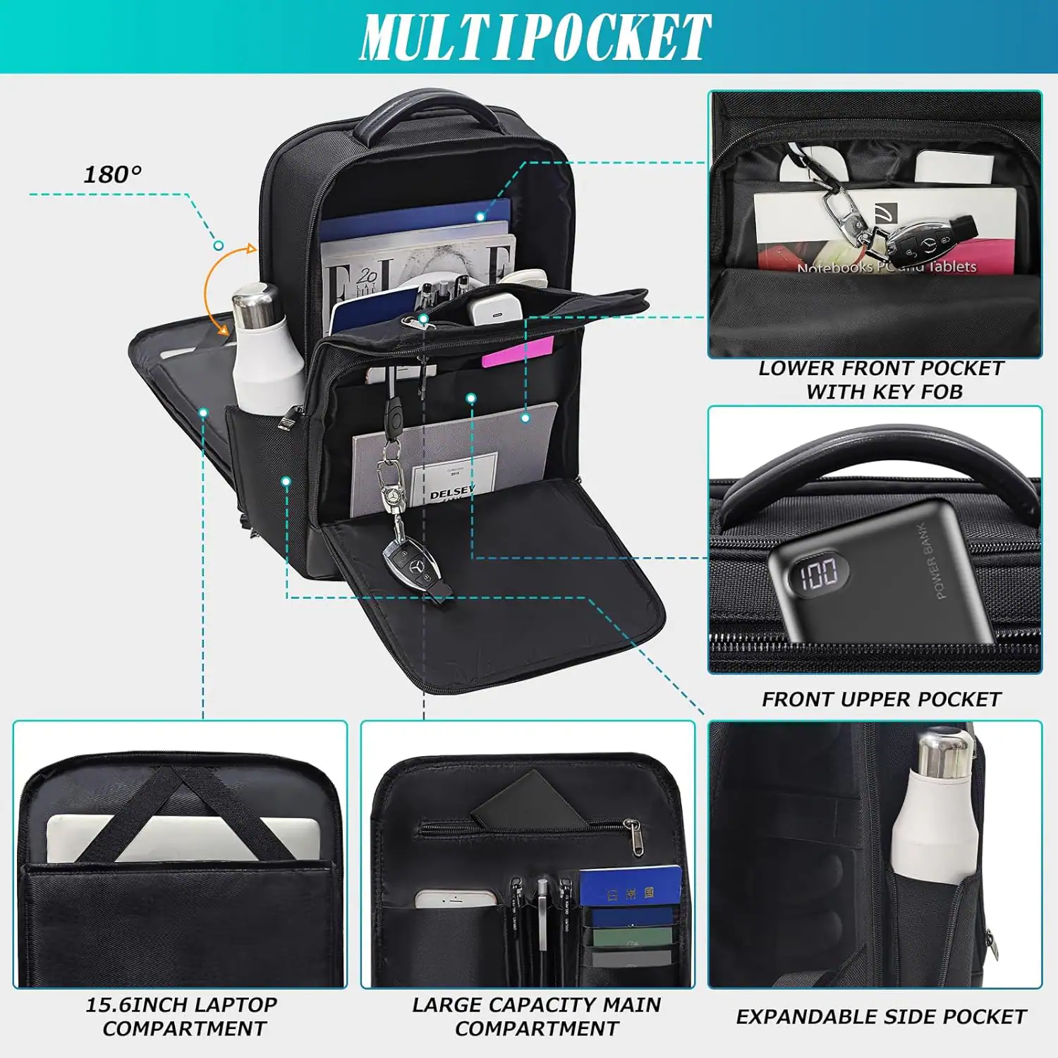 MULTIPOCKET

- LOWER FRONT POCKET WITH KEY FOB
- FRONT UPPER POCKET
- 15.6INCH LAPTOP COMPARTMENT
- LARGE CAPACITY MAIN COMPARTMENT
- EXPANDABLE SIDE POCKET
- Notebooks Pads and tablets