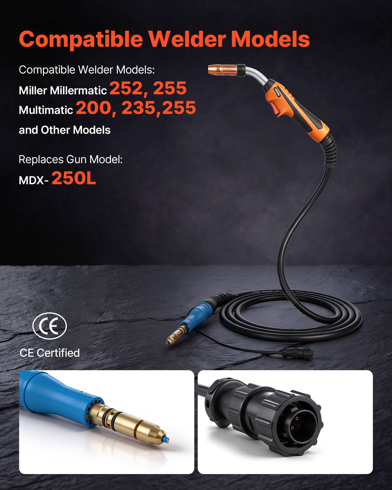 Compatible Welder Models

Compatible Welder Models:  
Miller Millermatic 252, 255  
Multimatic 200, 235, 255  
and Other Models  

Replaces Gun Model:  
MDX-250L  

CE Certified