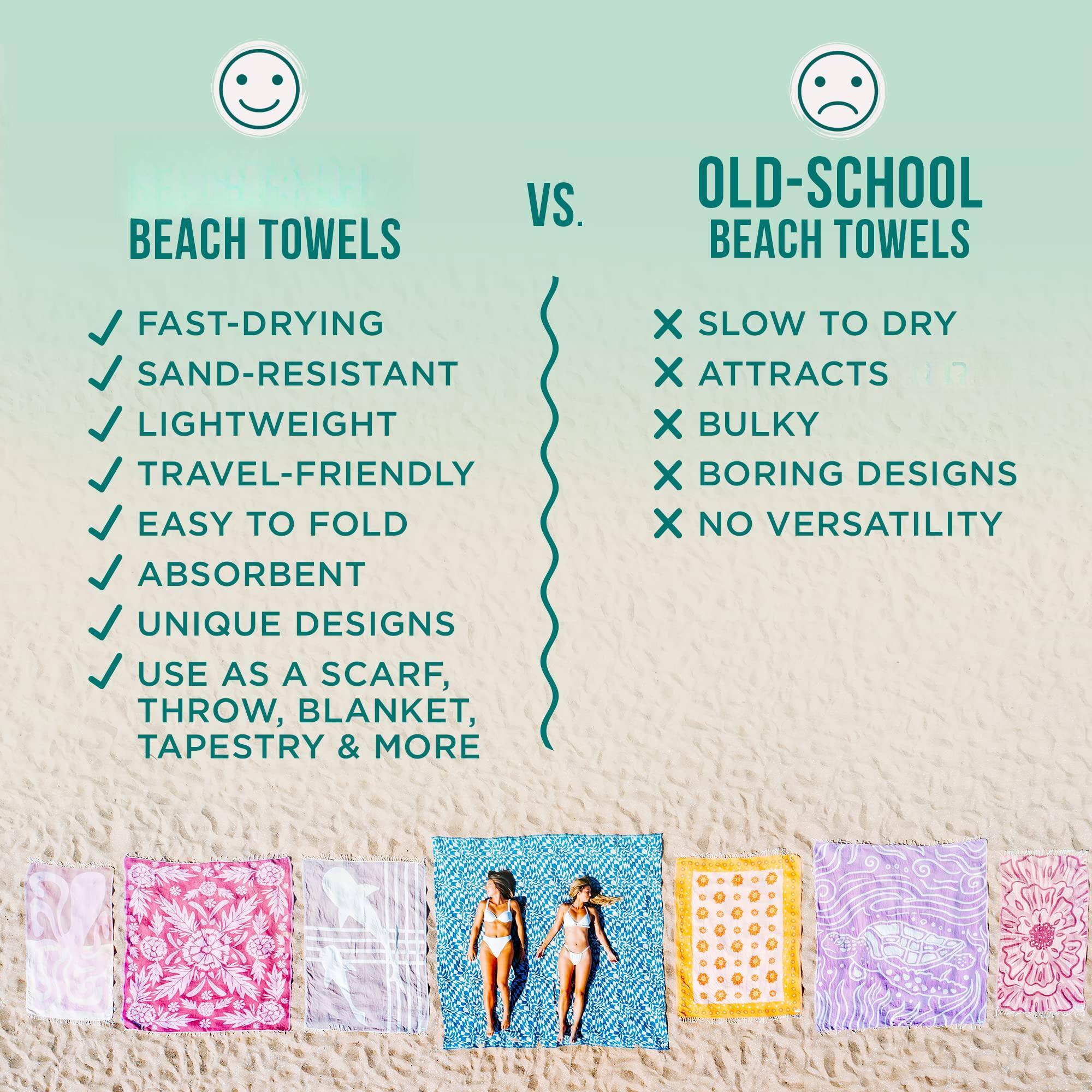 **BEACH TOWELS**  
- FAST-DRYING  
- SAND-RESISTANT  
- LIGHTWEIGHT  
- TRAVEL-FRIENDLY  
- EASY TO FOLD  
- ABSORBENT  
- UNIQUE DESIGNS  
- USE AS A SCARF, THROW, BLANKET, TAPESTRY & MORE  

**VS.**  

**OLD-SCHOOL BEACH TOWELS**  
- SLOW TO DRY  
- ATTRACTS  
- BULKY  
- BORING DESIGNS  
- NO VERSATILITY