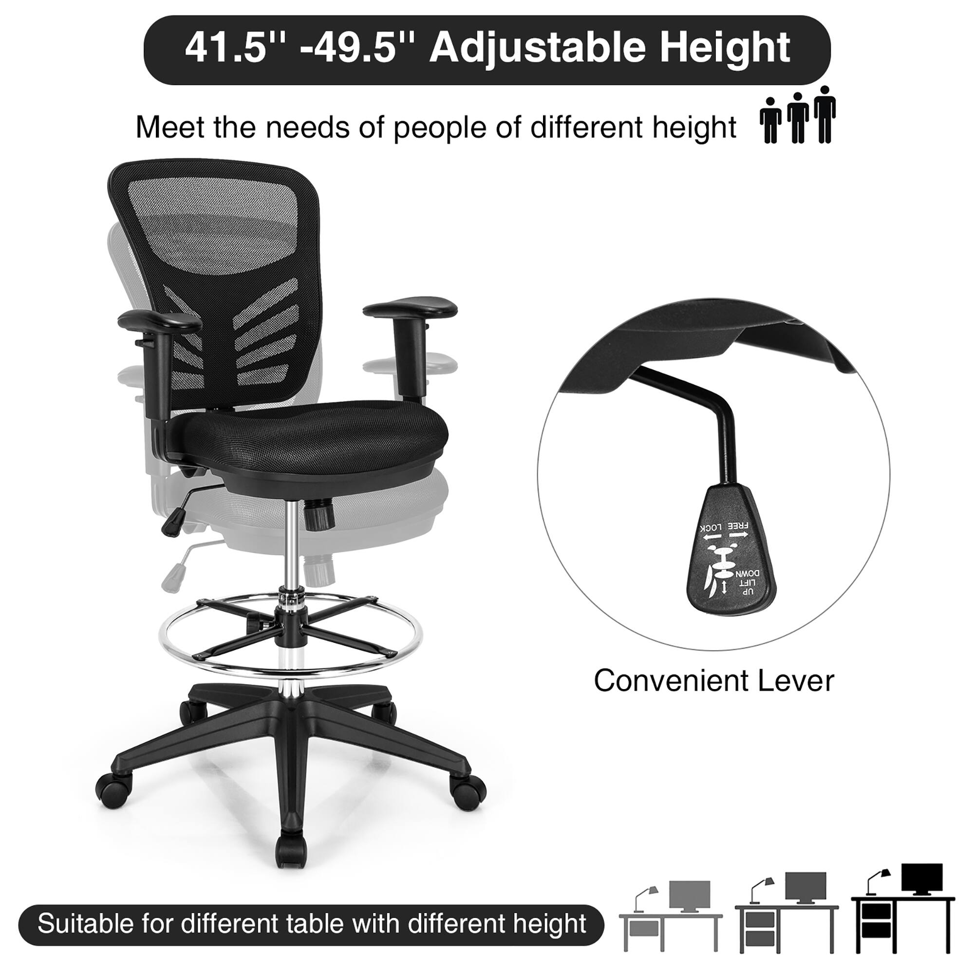 The text on the image reads: "41.5" - 49.5" Adjustable Height Meet the needs of people of different height Suitable for different table with different height Convenient Lever."