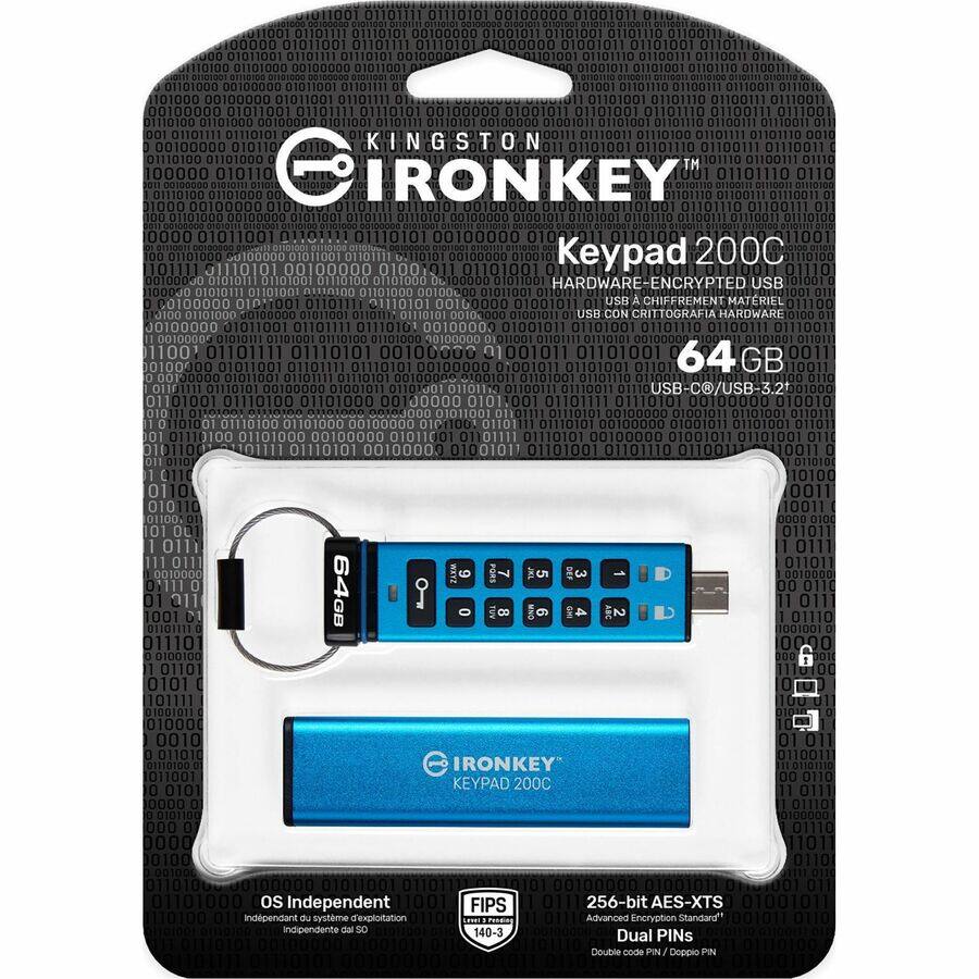 KINGSTON  
IRONKEY™  
Keypad 200C  
HARDWARE-ENCRYPTED USB  
USB A CHIFFREMENT MATERIEL  
USB CON CIFRAGRAFIA HARDWARE  
64 GB  
USB-C/USB 3.2  
OS Independent  
FIPS  
256-bit AES-XTS  
Advanced Encryption Standard  
Dual PINs  
Double code PIN / Doppio PIN  
64GB  
IRONKEY™  
KEYPAD 200C  
Dual PINS