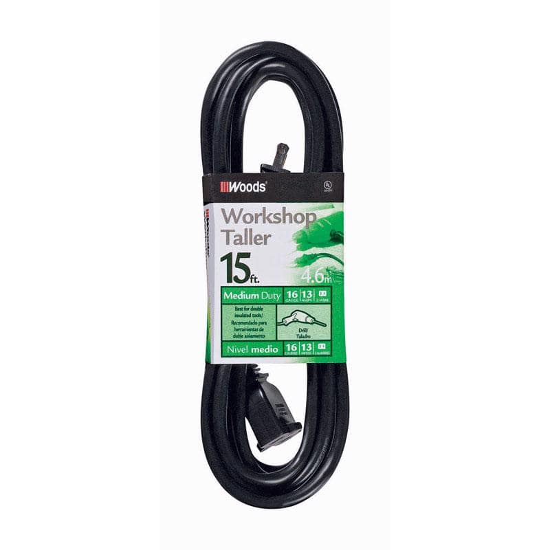 Woods - Indoor or Outdoor 15 ft. L Extension Cord 16/2 - Black