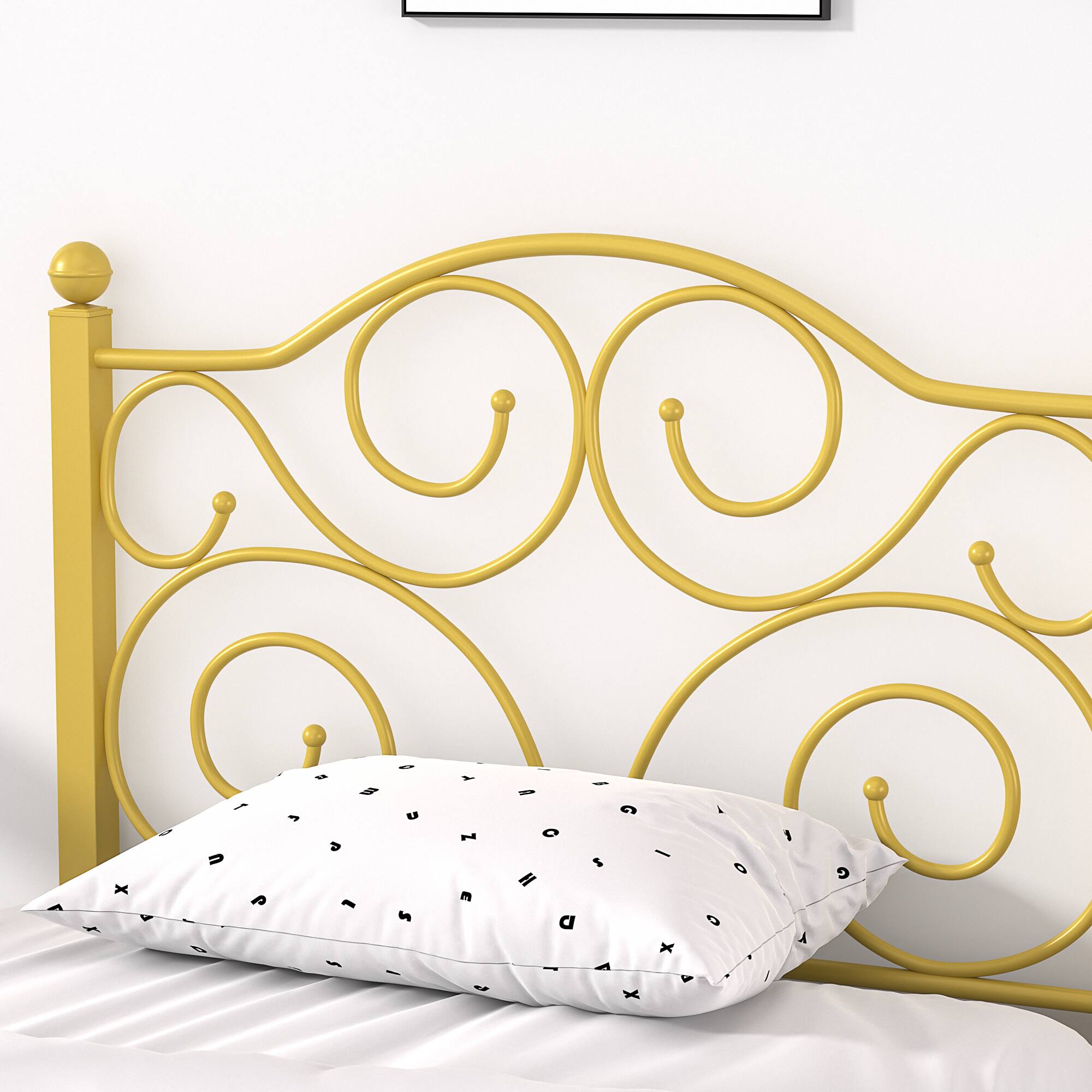Back. Vecelo - Twin Bed Frame with Headboard & Footboard, Heavy Duty Steel Slats - No Box Spring, Easy Assembly, Gold - Gold.