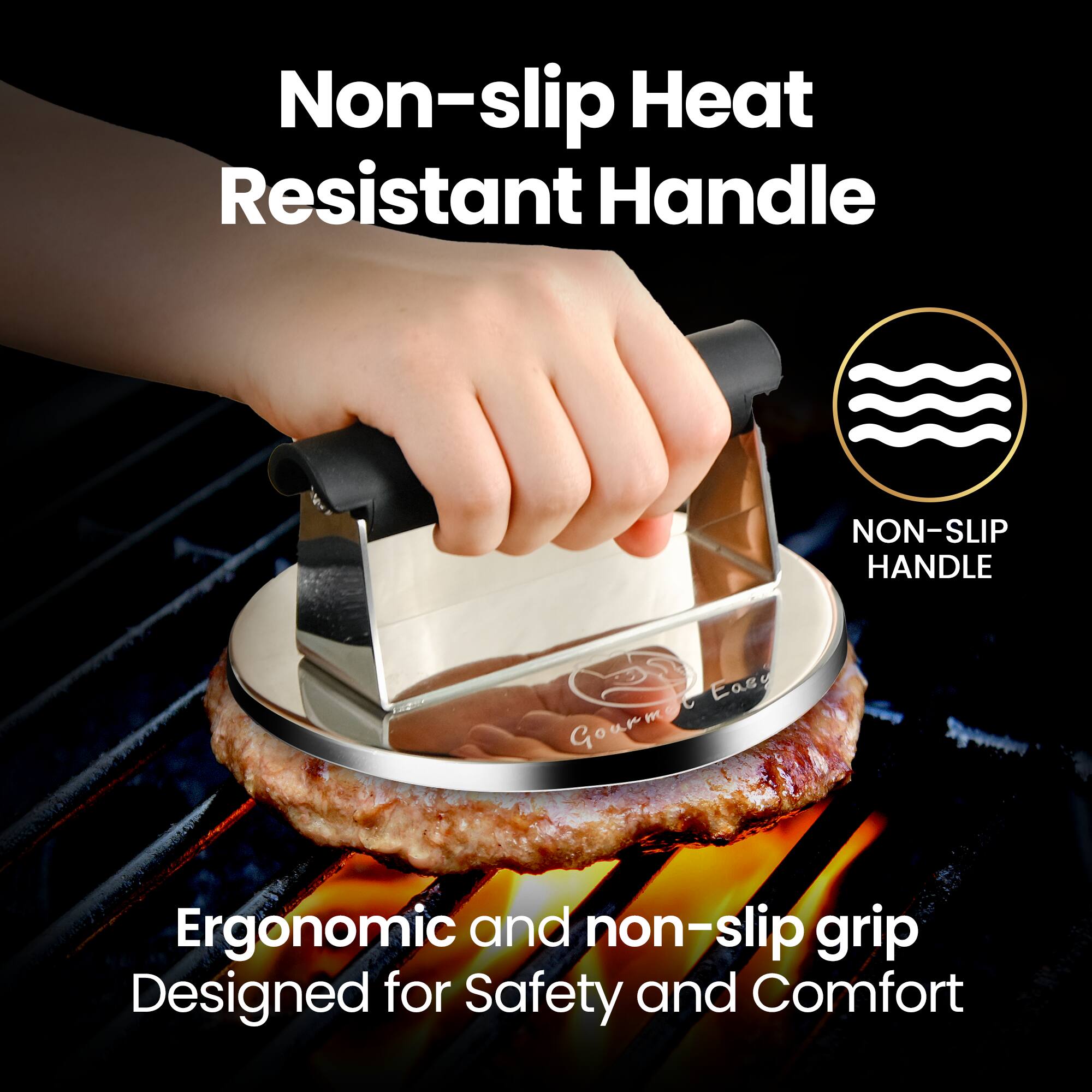 Angle. Gourmet Easy - 2lb Smash Burger Press Stainless Steel, Burger Smasher for Griddle Heat Resistant Handle, Hamburger Press - Stainless Steel.