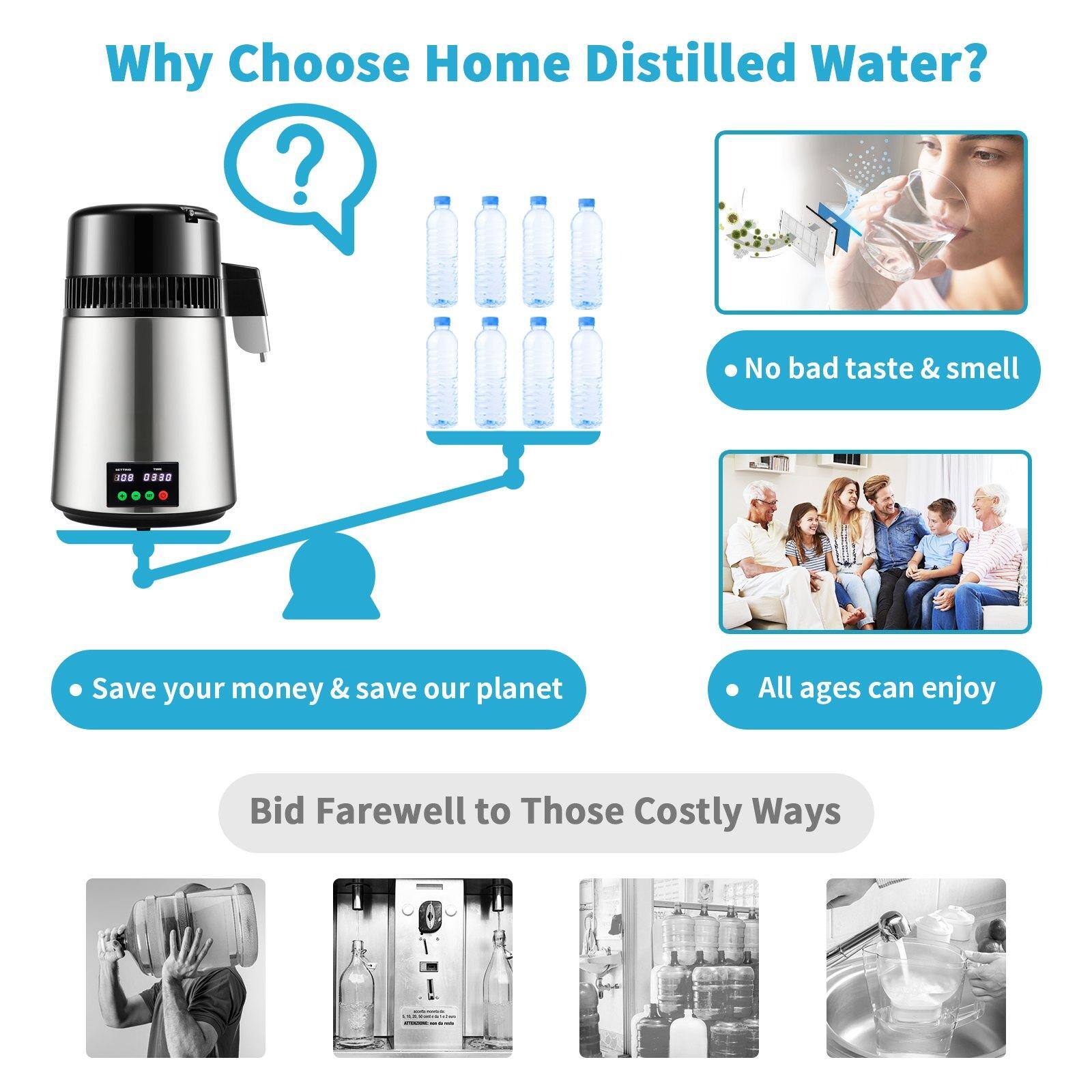 Why Choose Home Distilled Water?

- No bad taste & smell
- Save your money & save our planet
- All ages can enjoy

Bid Farewell to Those Costly Ways