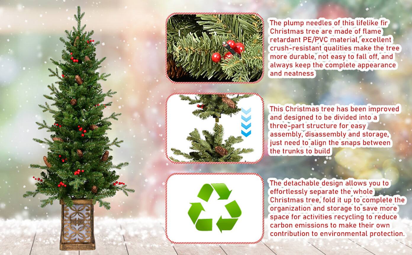 The plump needles of this lifelike fir Christmas tree are made of flame retardant PE/PVC material, excellent crush-resistant qualities make the tree more durable, not easy to fall off, and always keep the complete appearance and neatness.

This Christmas tree has been improved and designed to be divided into a three-part structure for easy assembly, disassembly, and storage, just need to align the snaps between the trunks to build.

The detachable design allows you to effortlessly separate the whole Christmas tree, fold it up to complete the organization and storage to save more space for activities recycling to reduce carbon emissions to make their own contribution to environmental protection.