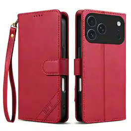 Dteck - Magnetic Wallet Case For iPhone 18 Pro Max, Shockproof Card Pocket RFID Blocking Stand Strap Flip Folio Cover - Red