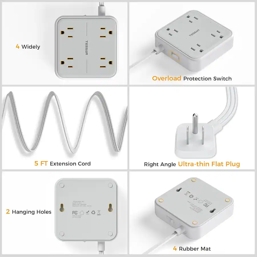 Sit Out Protector Design TESSAN 5 Ft Extension Cord Flat Plug, Surge Protector Power Strip with ...