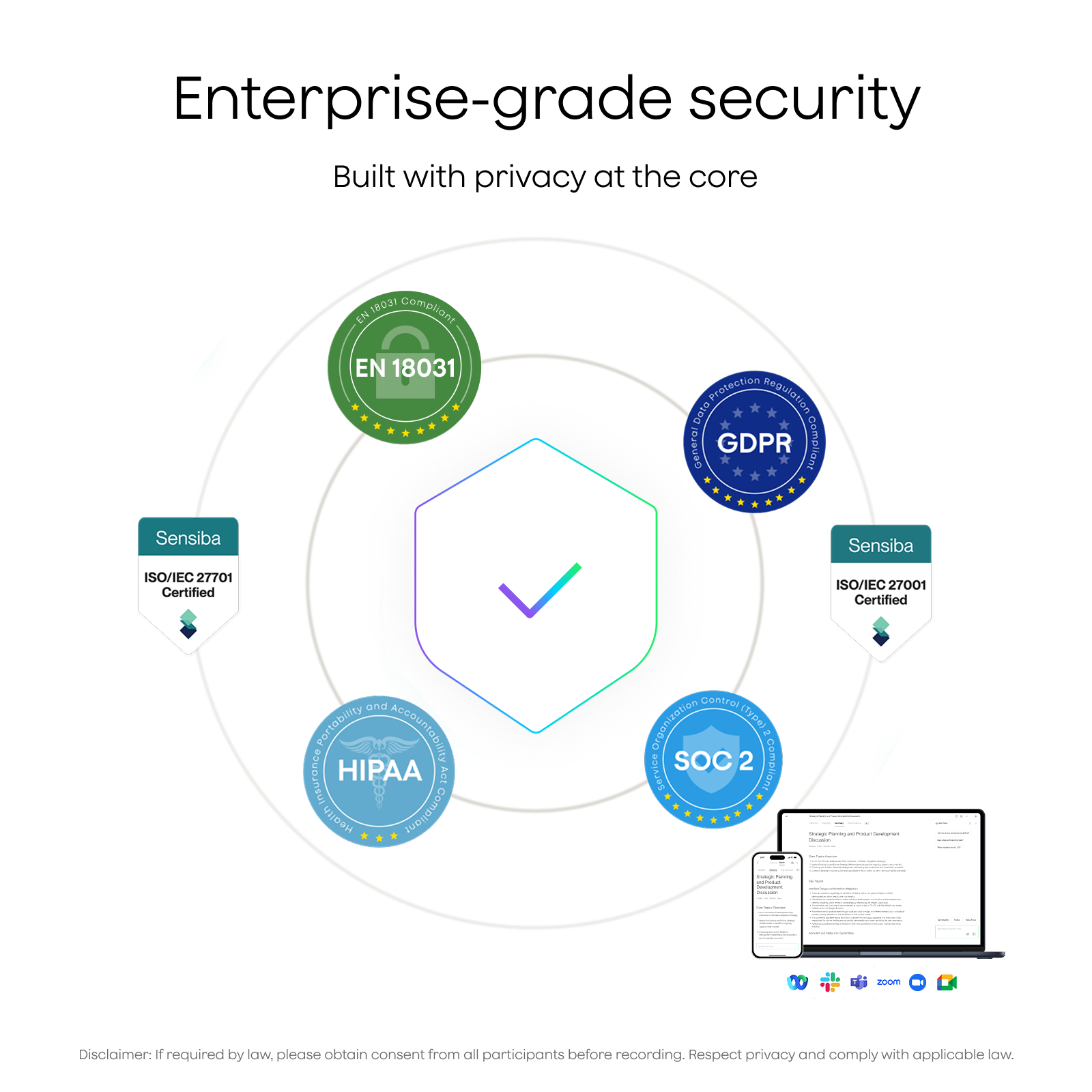 Enterprise-grade security  
Built with privacy at the core  

- EN 18031 Protection Regulation  
- GDPR Compliant  
- Sensiba ISO/IEC 27701 Certified  
- Sensiba ISO/IEC 27001 Certified  
- HIPAA Compliant  
- SOC 2 compliant  

Disclaimer: If required by law, please obtain consent from all participants before recording. Respect privacy and comply with applicable law.