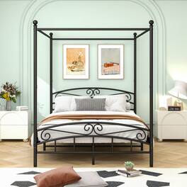 APRILSOUL - Queen Size Metal Canopy Bed Frame with Headboard and Footboard Black - Black