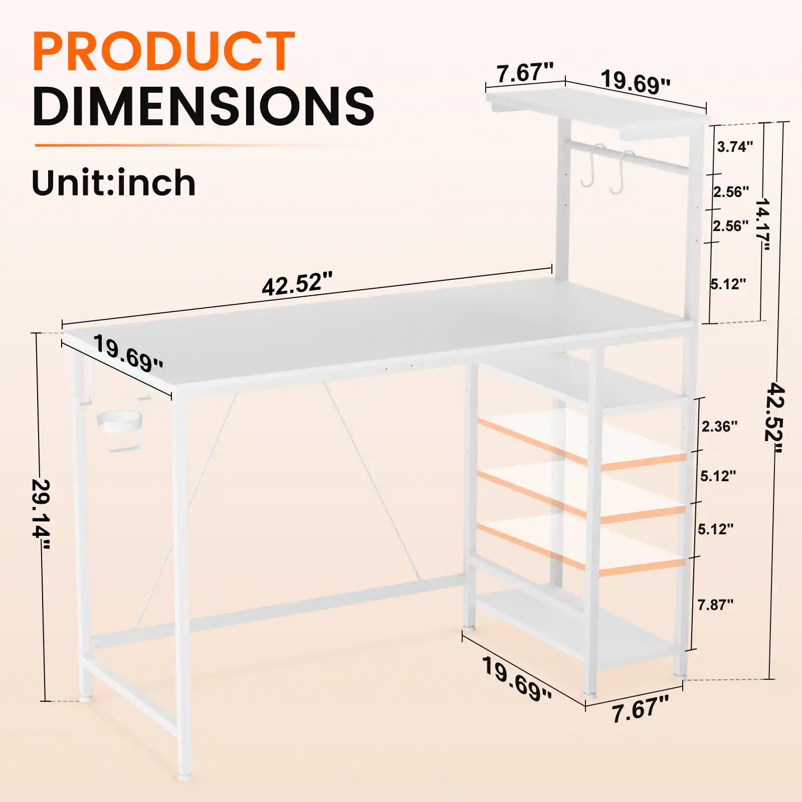 PRODUCT DIMENSIONS  
Unit: inch  

- 7.67"  
- 19.69"  
- 3.74"  
- 2.56"  
- 14.17"  
- 42.52"  
- 5.12"  
- 2.36"  
- 29.14"  
- 7.87"