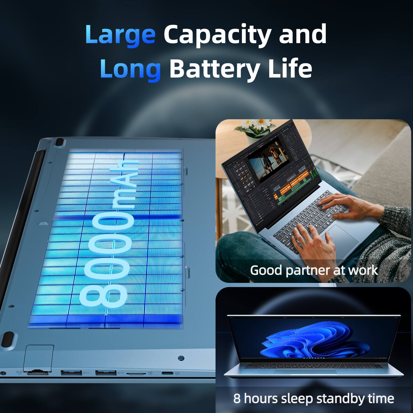 Large Capacity and Long Battery Life  
8000mAh  
Good partner at work  
8 hours sleep standby time