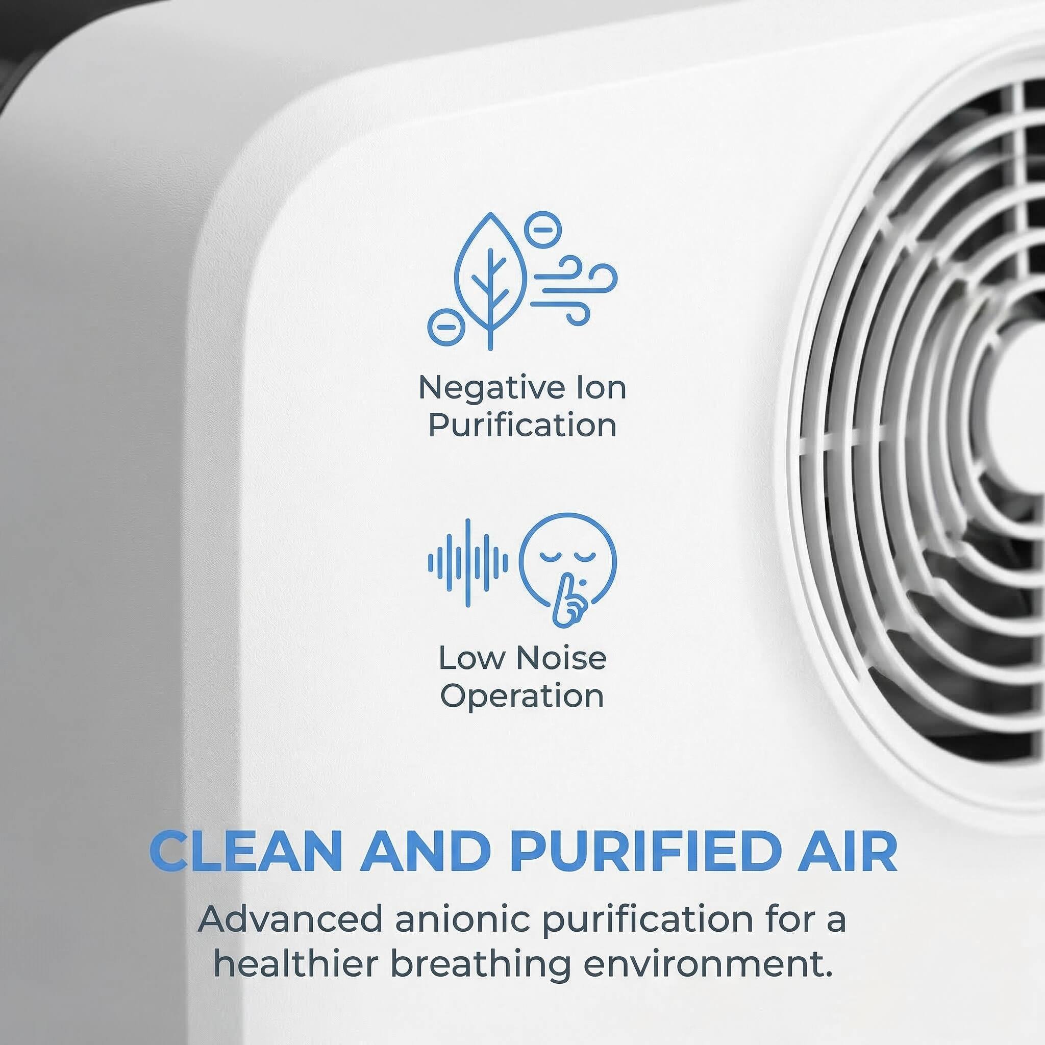 - Negative Ion Purification
- Low Noise Operation
- CLEAN AND PURIFIED AIR
- Advanced anionic purification for a healthier breathing environment.
