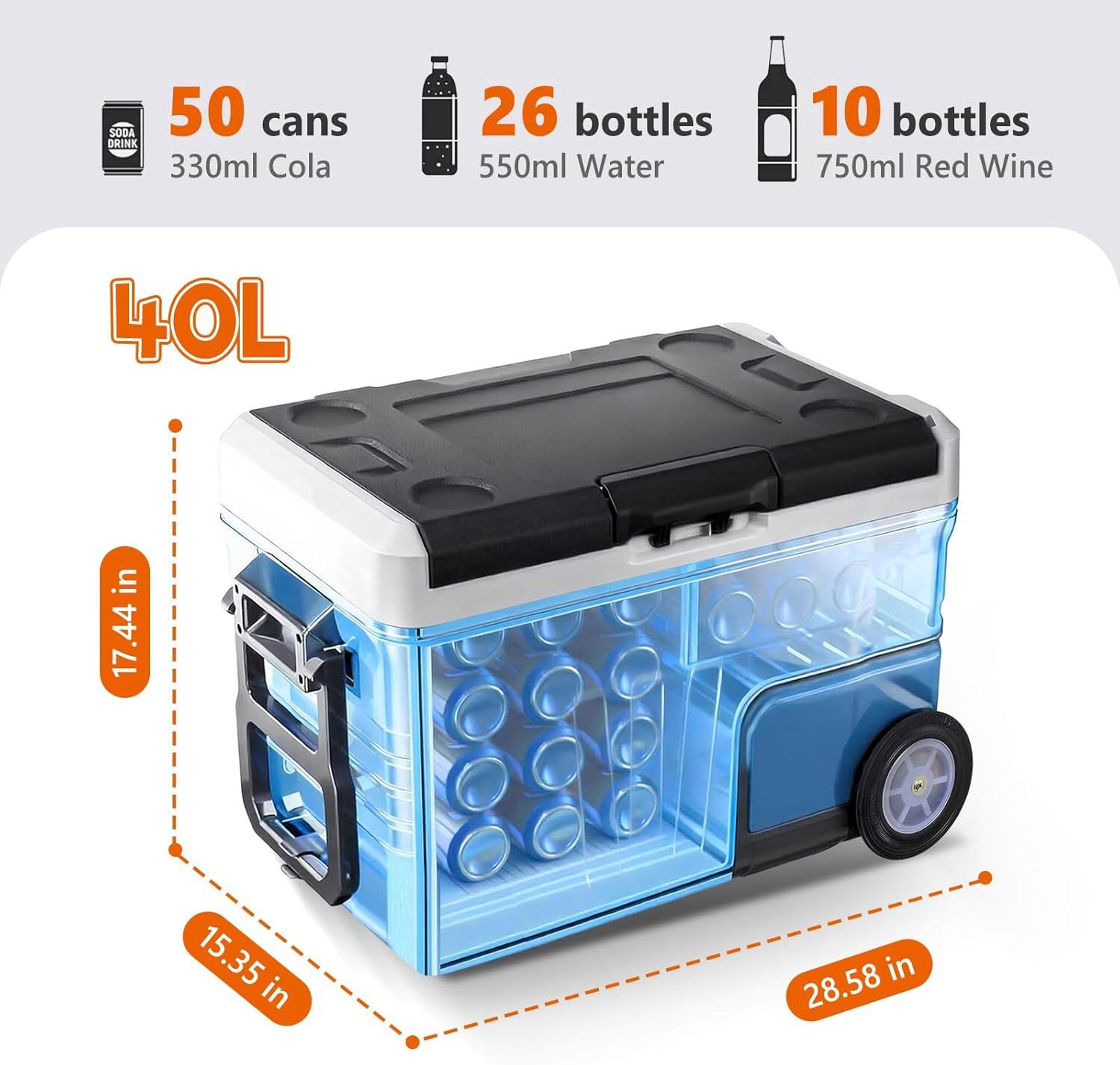 SODA 50 cans DRINK 330ml Cola  
26 bottles 550ml Water  
10 bottles 750ml Red Wine  
40L  
17.44 in  
15.35 in  
28.58 in