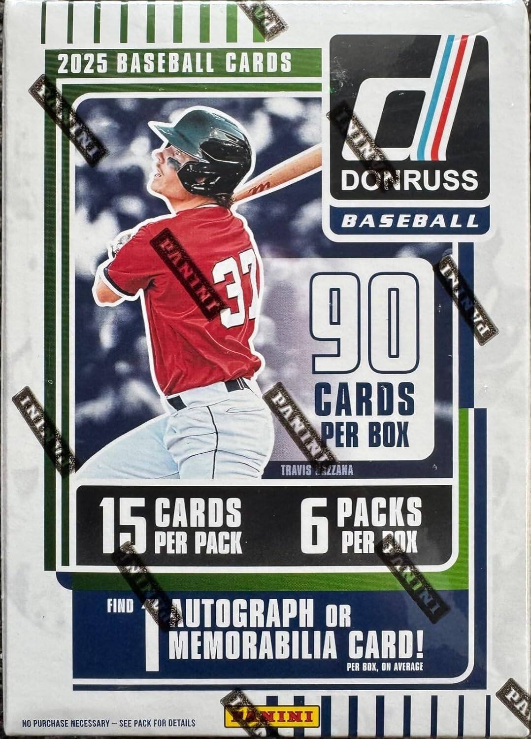2025 BASEBALL CARDS  
DONRUSS BASEBALL  
90 CARDS PER BOX  
15 CARDS PER PACK  
6 PACKS PER BOX  
FIND AUTOGRAPH OR MEMORABILIA CARD!  
PER BOX, ON AVERAGE  
NO PURCHASE NECESSARY - SEE PACK FOR DETAILS