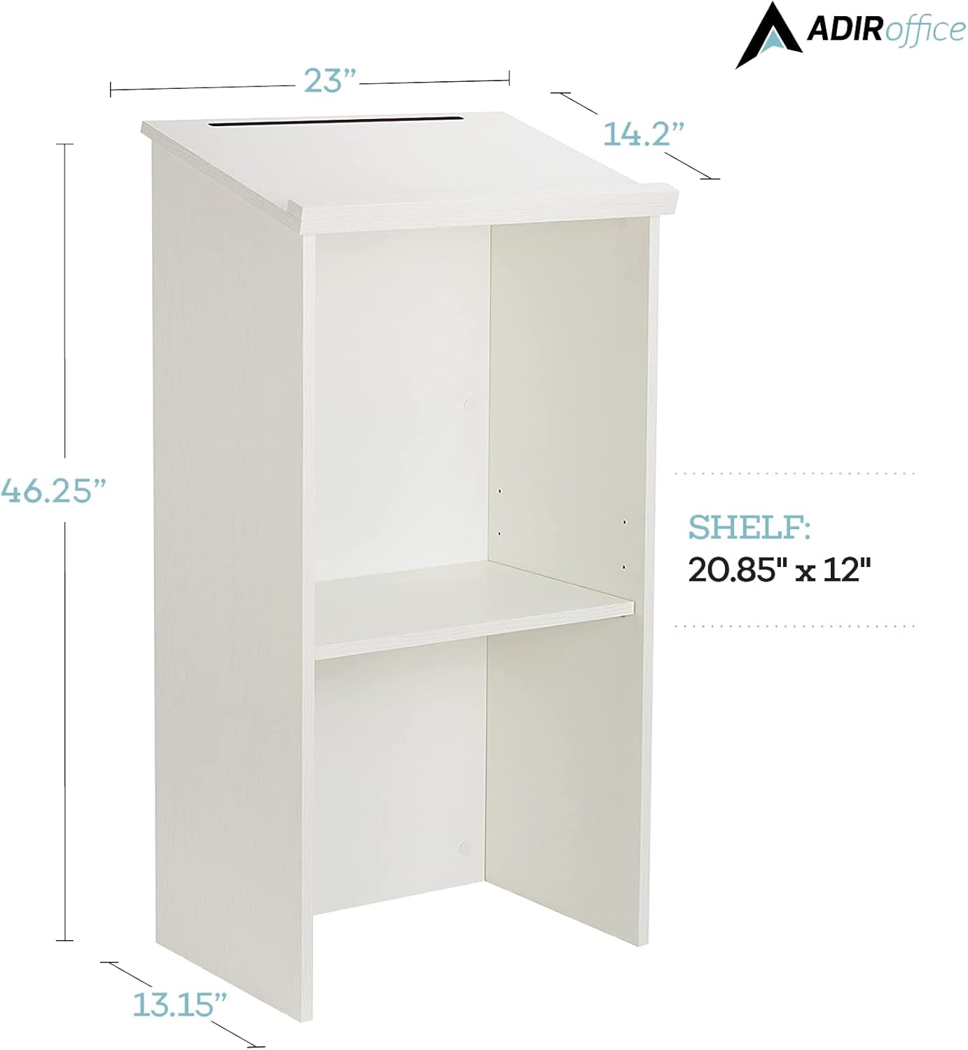 The dimensions of the shelf are as follows:

- Height: 46.25"
- Width: 23"
- Depth: 13.15"
- Shelf size: 20.85" x 12"
- Top overhang: 14.2"