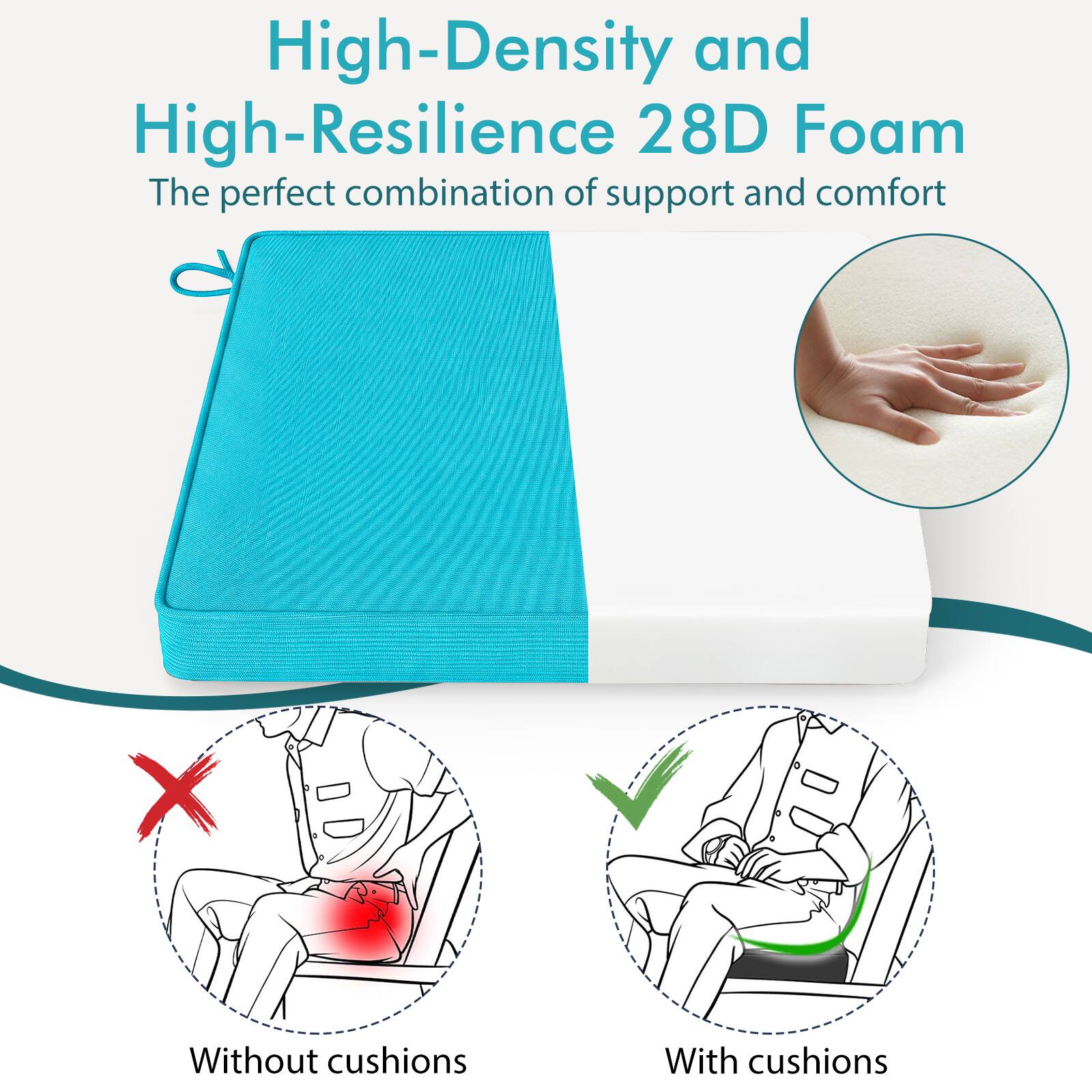 High-Density and High-Resilience 28D Foam  
The perfect combination of support and comfort

Without cushions  
With cushions