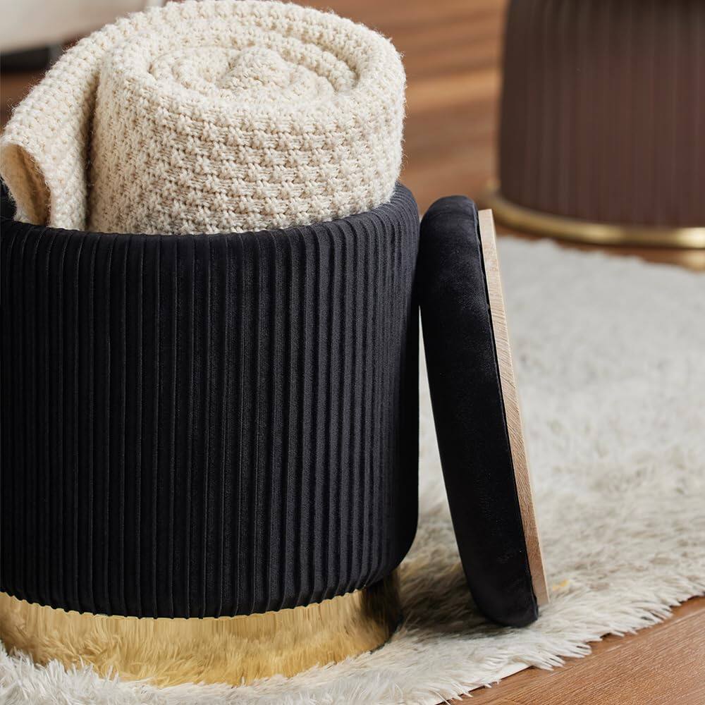 Alt View 1. JETRANSPORT - Round Ottoman Storage Upholstered Vanity Stool Living Room Ottomans Multifunctional Foot Rest (black - White With Middle Gold.