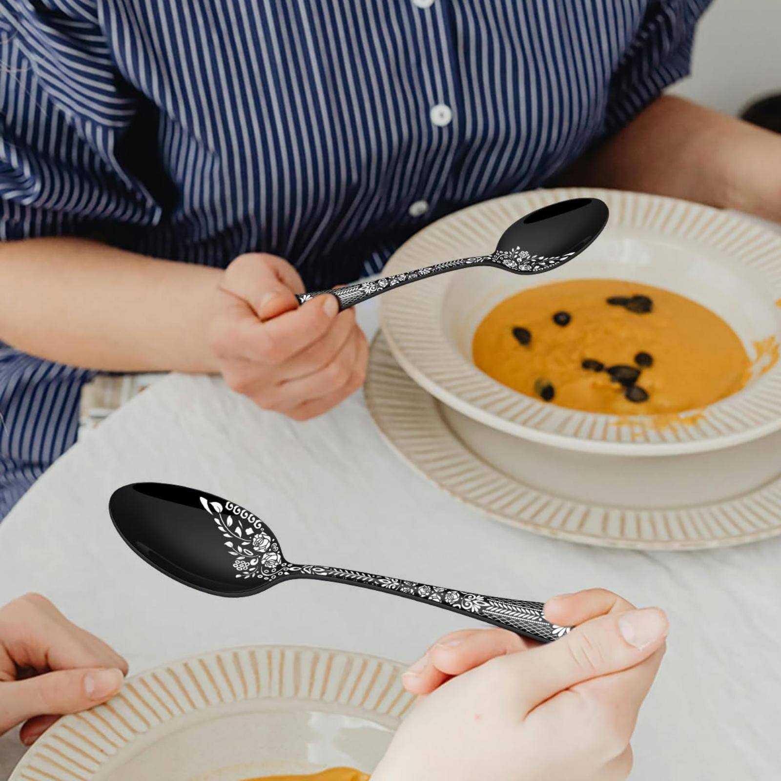 Back. Dazzed Corner - 20 Pieces Silverware Set for 4, Stainless Steel Black Flatware Set with Unique Floral Laser. - Black.