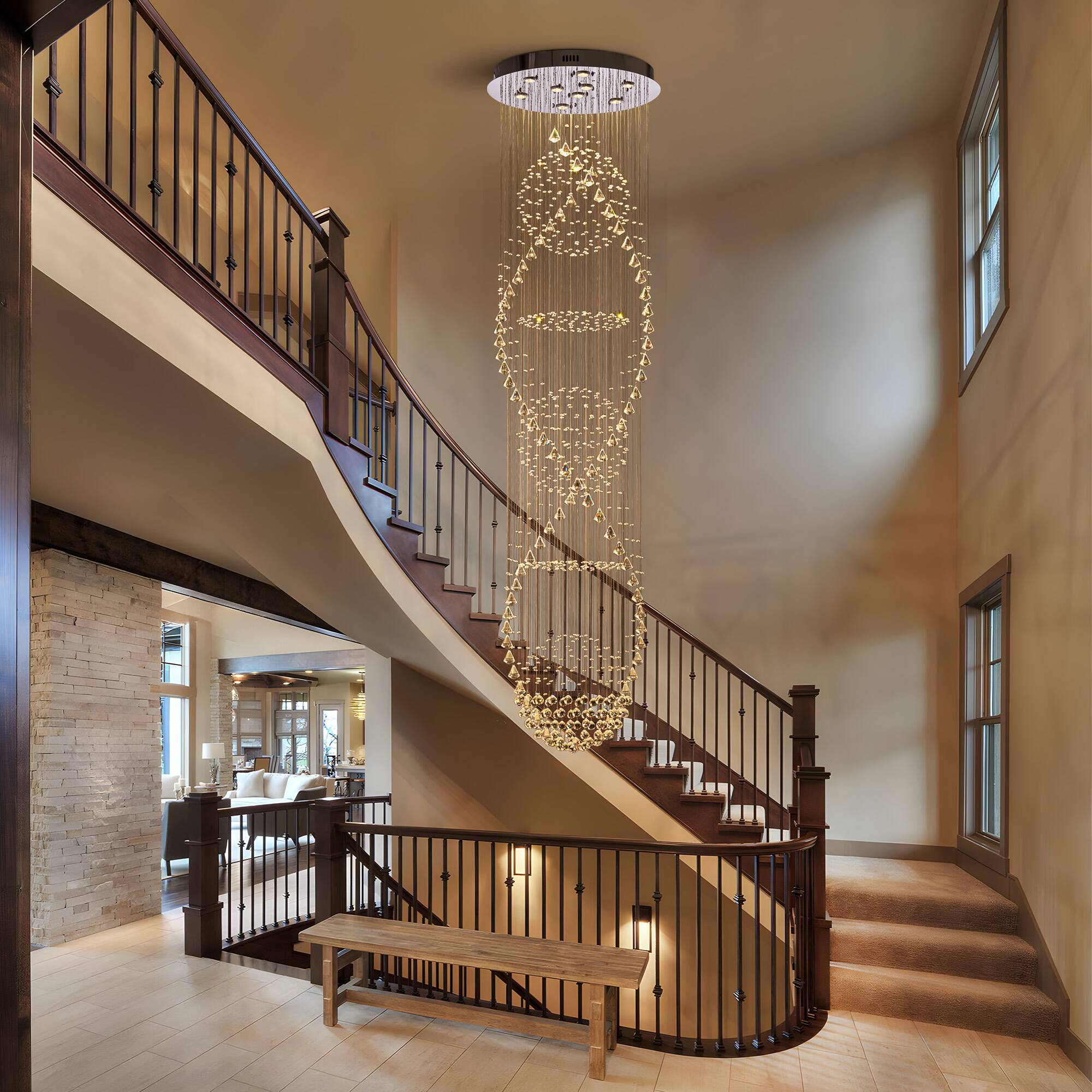 Left. Siljoy - 98.4" Modern Spiral Gold K9 Crystal Chandelier, Luxury Pendant Light for High Ceiling Staircase Villa Hallway - Chrome and Gold.