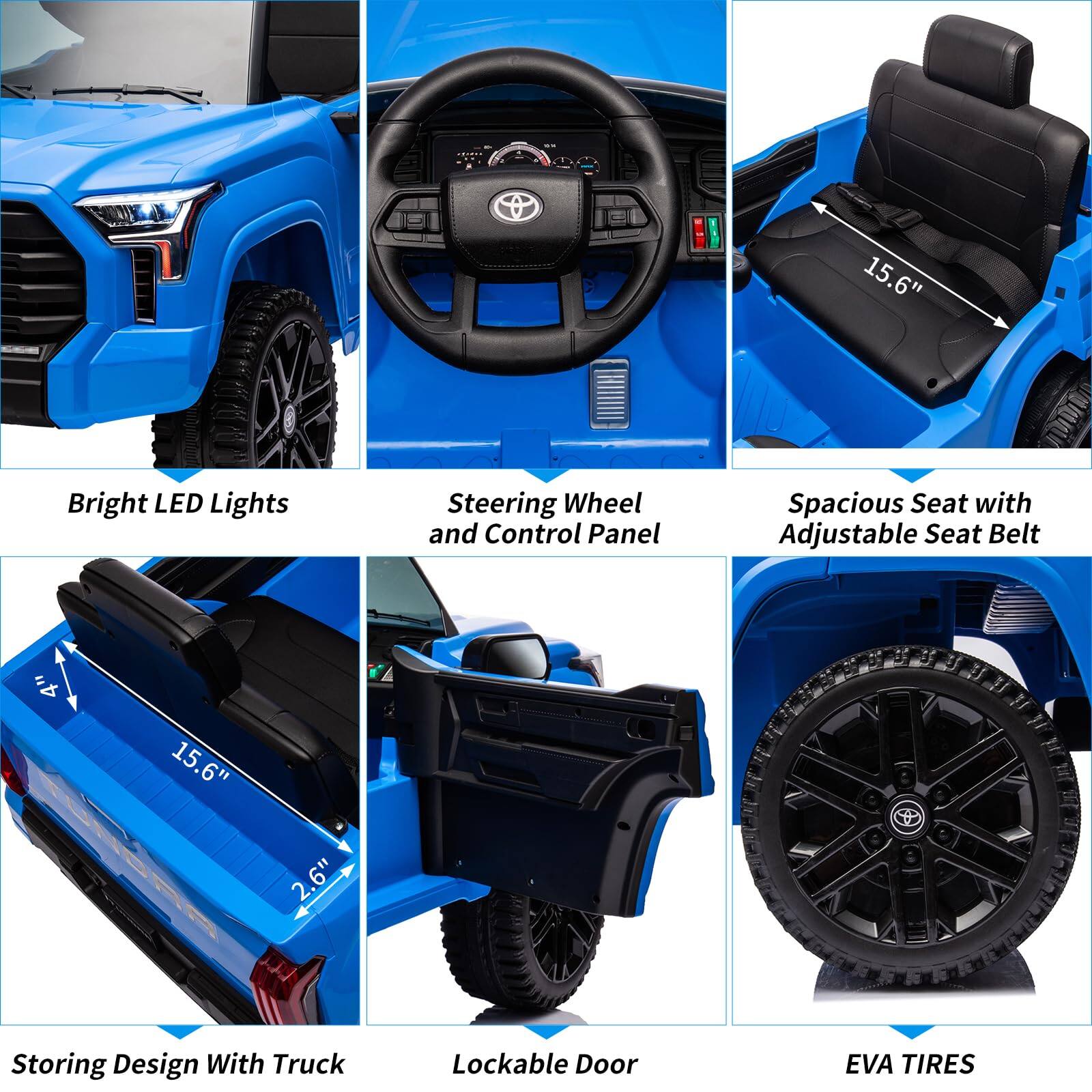 1. Bright LED Lights
2. Steering Wheel and Control Panel
3. Spacious Seat with Adjustable Seat Belt
4. Storing Design With Truck
5. Lockable Door
6. EVA TIRES