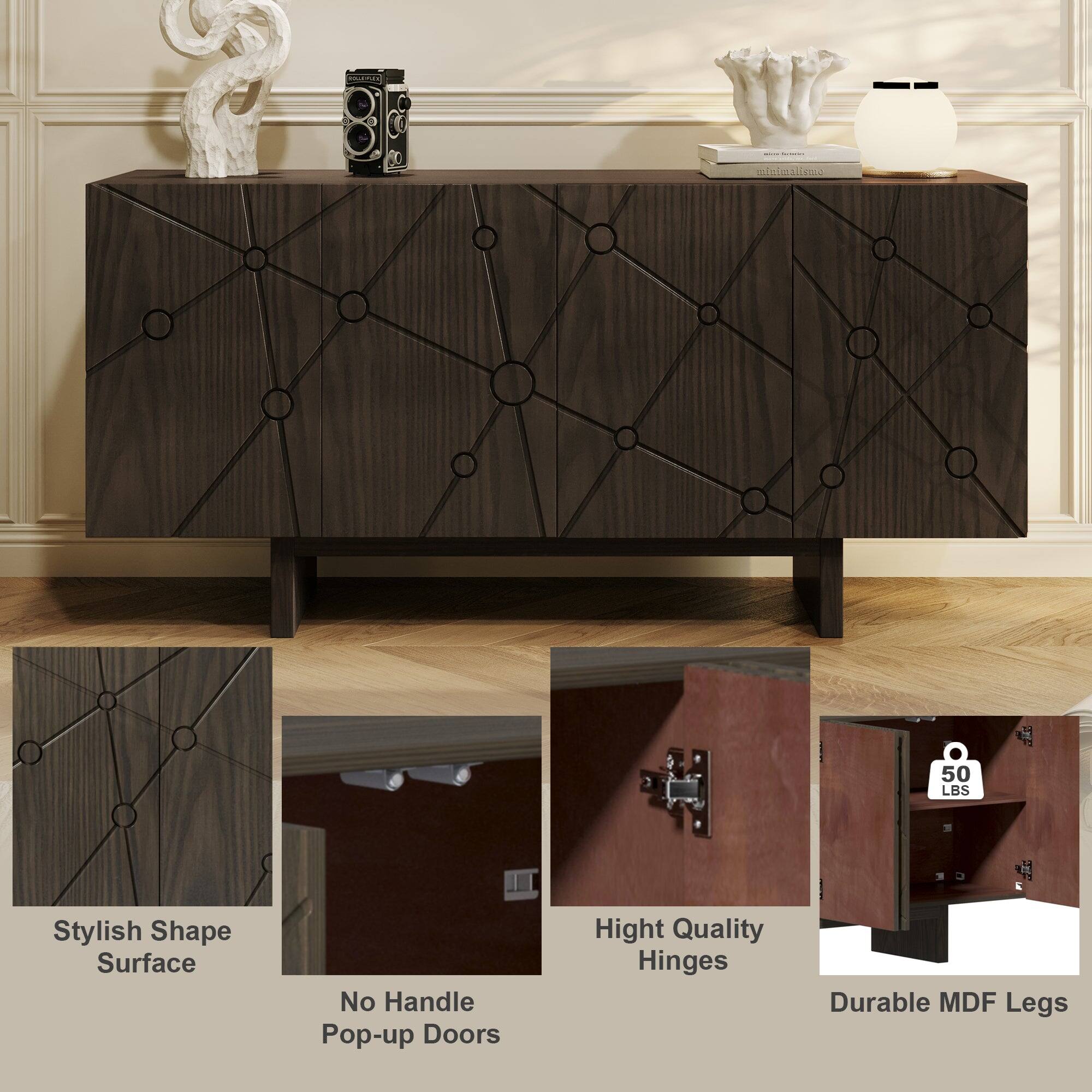 - Stylish Shape Surface
- No Handle Pop-up Doors
- High Quality Hinges
- Durable MDF Legs
- 50 LBS