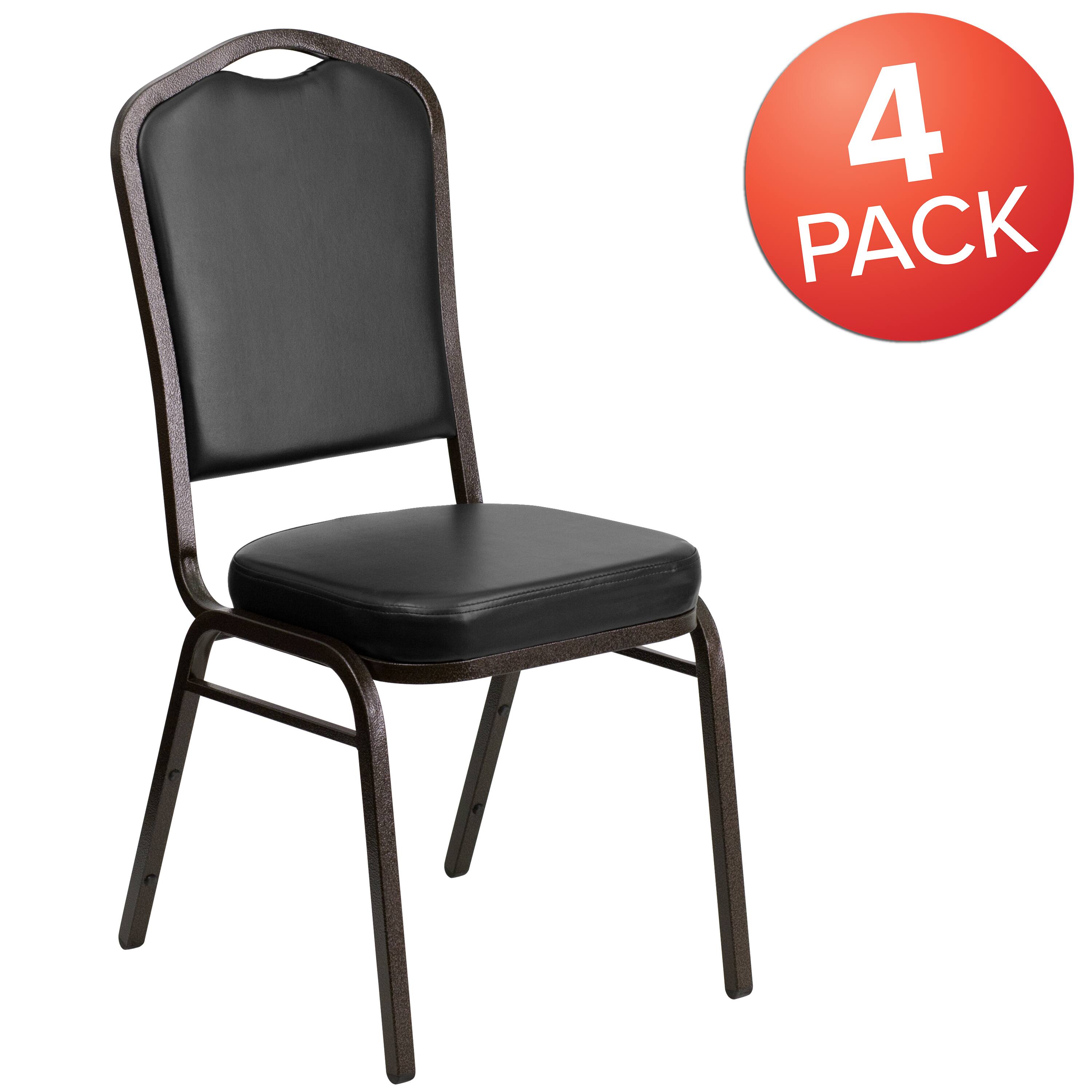 Alt View 1. Emma + Oliver - 4 Pack Crown Back Stacking Banquet Chair - Black Vinyl/Gold Vein Frame.