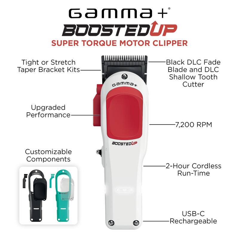 Gamma + BOOSTEDUP SUPER TORQUE MOTOR CLIPPER
Tight or Stretch Taper Bracket Kits
Black DLC Fade Blade and DLC Shallow Tooth Cutter
Upgraded Performance
7,200 RPM
Customizable Components
BOOSTEDUP 2-Hour Cordless Run-Time
USB-C Rechargeable