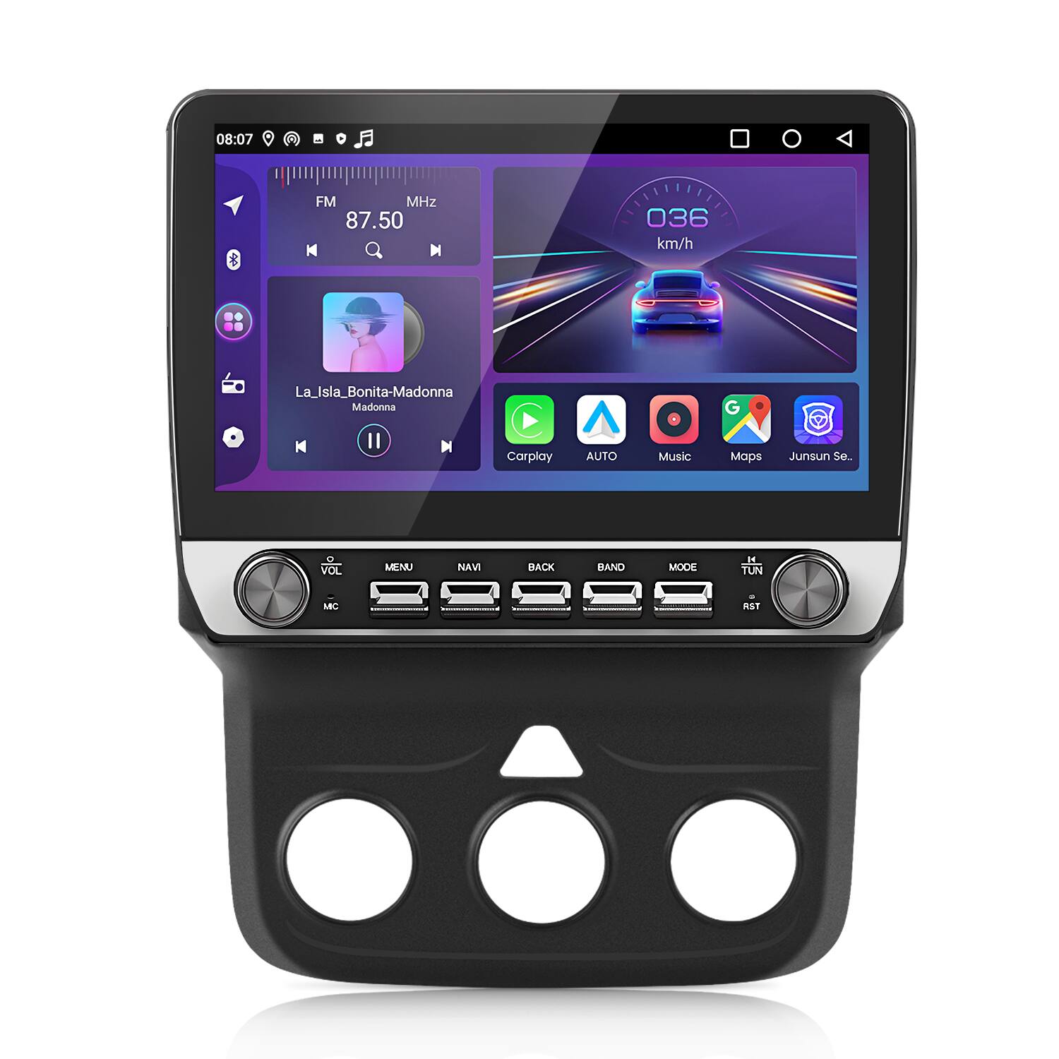 08:07  
FM MHz 87.50  
M 036 km/h  
La_Isla_Bonita-Madonna  
Madonna  
G M II M  
Carplay AUTO Music Maps  
Junsun Se.  
VOL MENU NAV BACK BAND MODE 14 TUN MEO RST