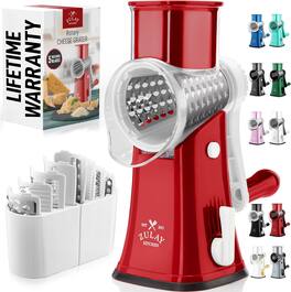 Zulay Kitchen - Rotary Cheese Grater 5 Blade Cheese Shredder with Reinforced Suction & 5 Interchangeable Drums - White and Red