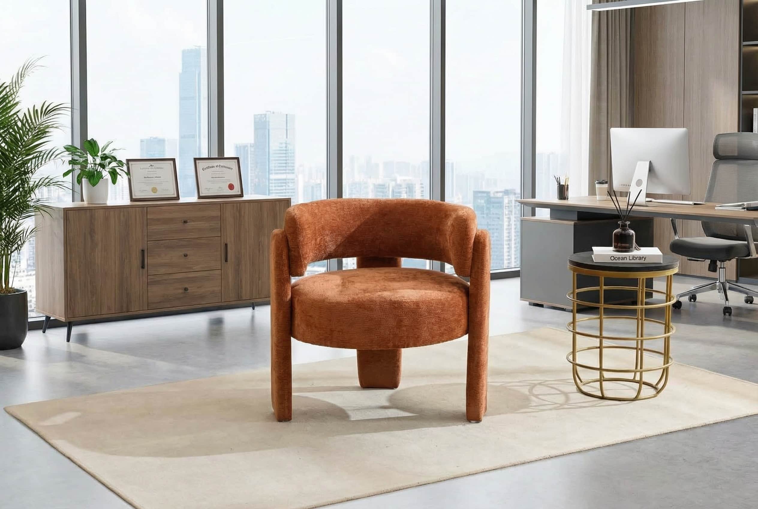 Forest'nSky - Modern Office Chair in Green Boucle Fabric - Contemporary Upholstered Armchair for Desk & Lounge - Orange