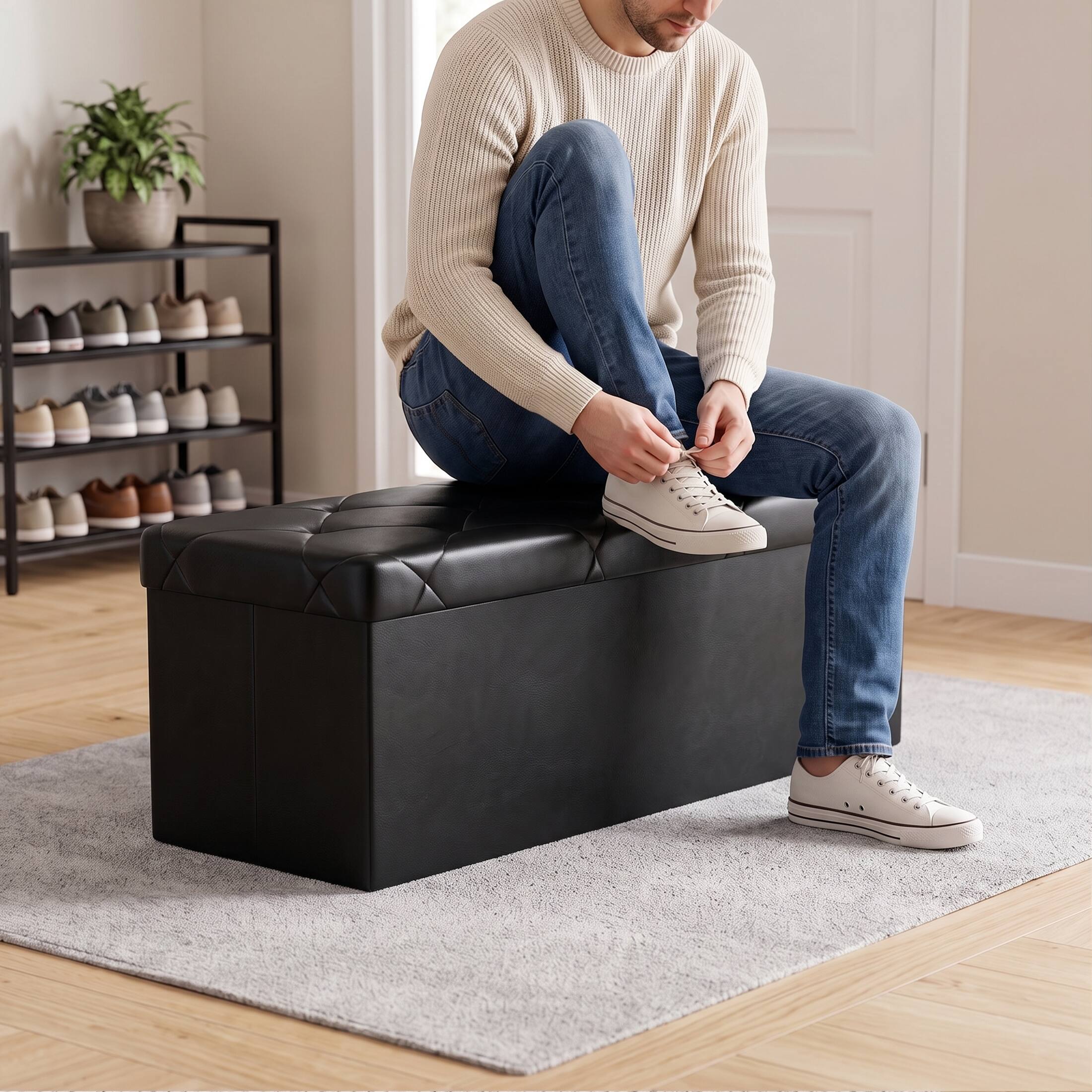 Back. Sweetcrispy - 43-in Foldable Storage Bench, Bedside Ottoman with Storage and Cushioned Seat, Faux Leather Foot Rest Stool - Black.