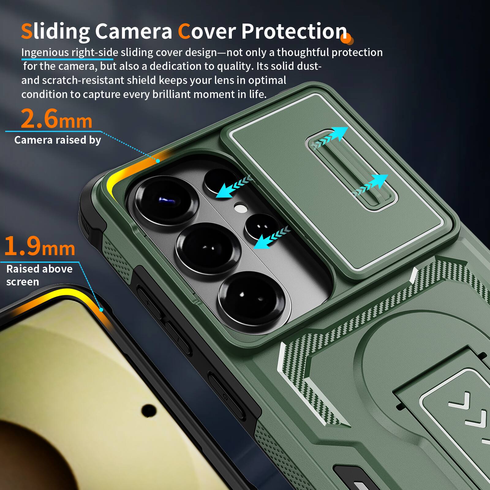Sliding Camera Cover Protection

Ingenious right-side sliding cover design—not only a thoughtful protection for the camera, but also a dedication to quality. Its solid dust- and scratch-resistant shield keeps your lens in optimal condition to capture every brilliant moment in life.

2.6mm
Camera raised by

1.9mm
Raised above screen