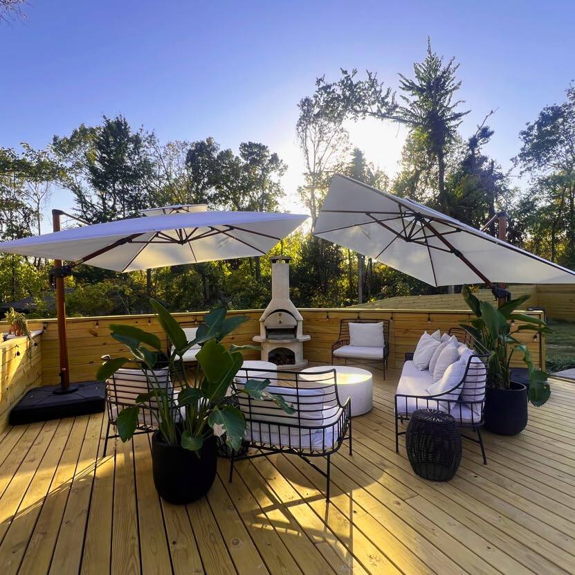 Left. PURPLE LEAF - 11 ft. Patio Square Outdoor Large Cantilever Umbrella Windproof Offset Heavy Duty Sun Umbrella with Base for Garden - Cream.