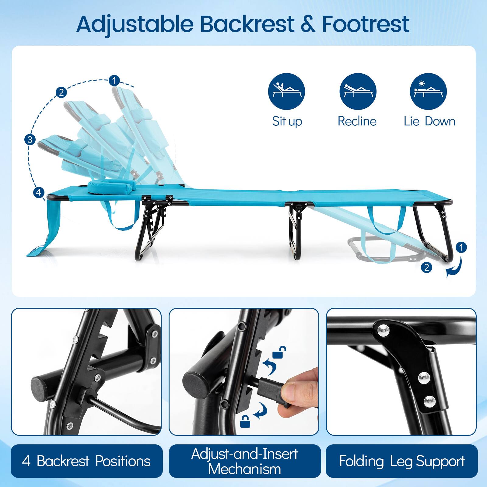 Adjustable Backrest & Footrest

- Sit up
- Recline
- Lie Down

4 Backrest Positions

Adjust-and-Insert Folding Mechanism

Folding Leg Support