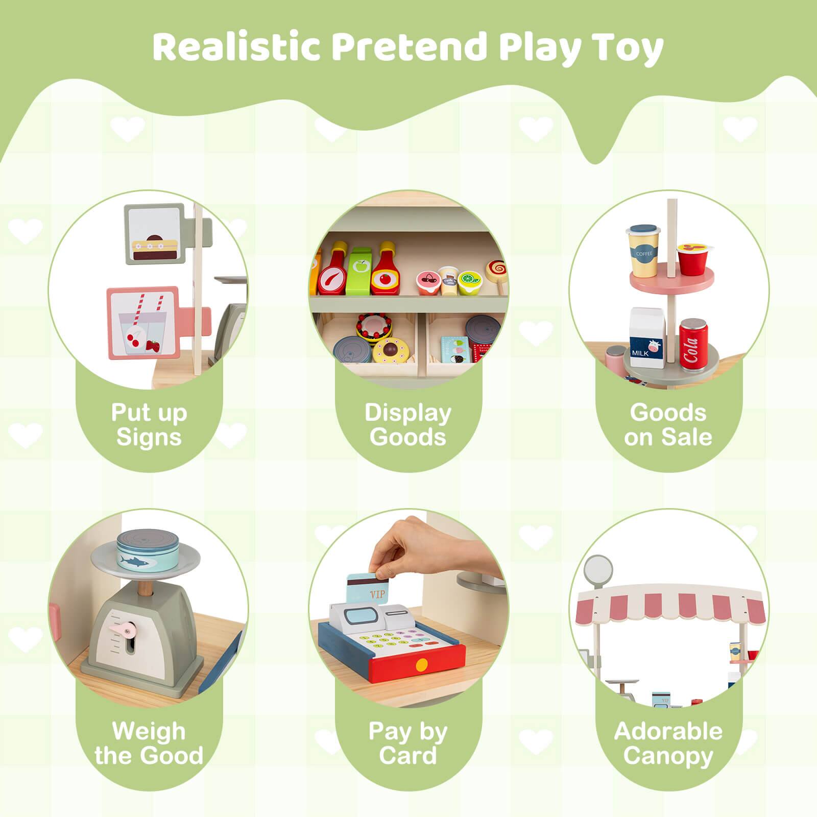 Realistic Pretend Play Toy

- Put up Signs
- Display Goods
- Goods on Sale
- Weigh the Good
- Pay by Card
- Adorable Canopy