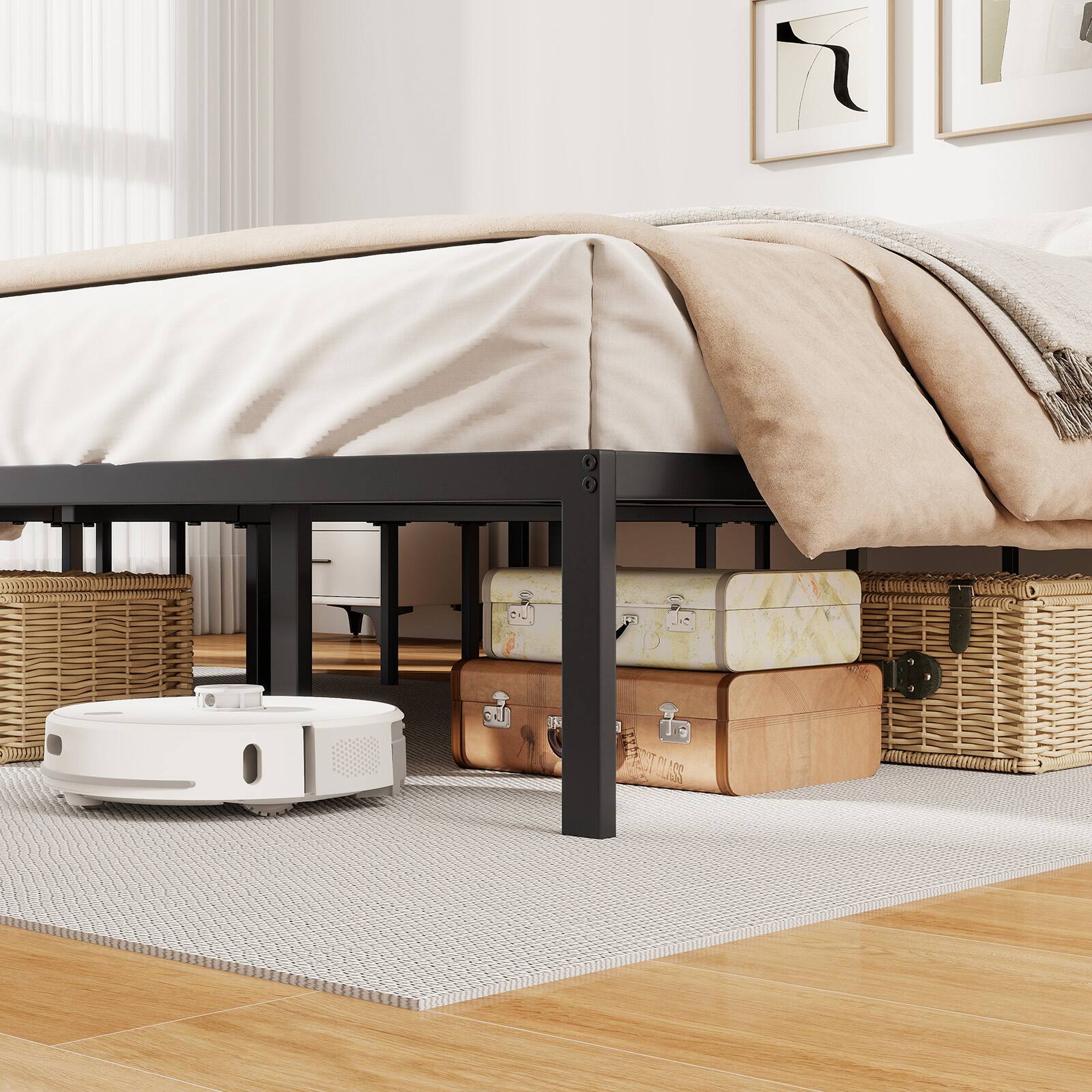 Left. LUCKY ONE - King Assembled Metal Bed Frame Heavy Duty Slats Mattress Foundation 10.5" Storage - Black-King.