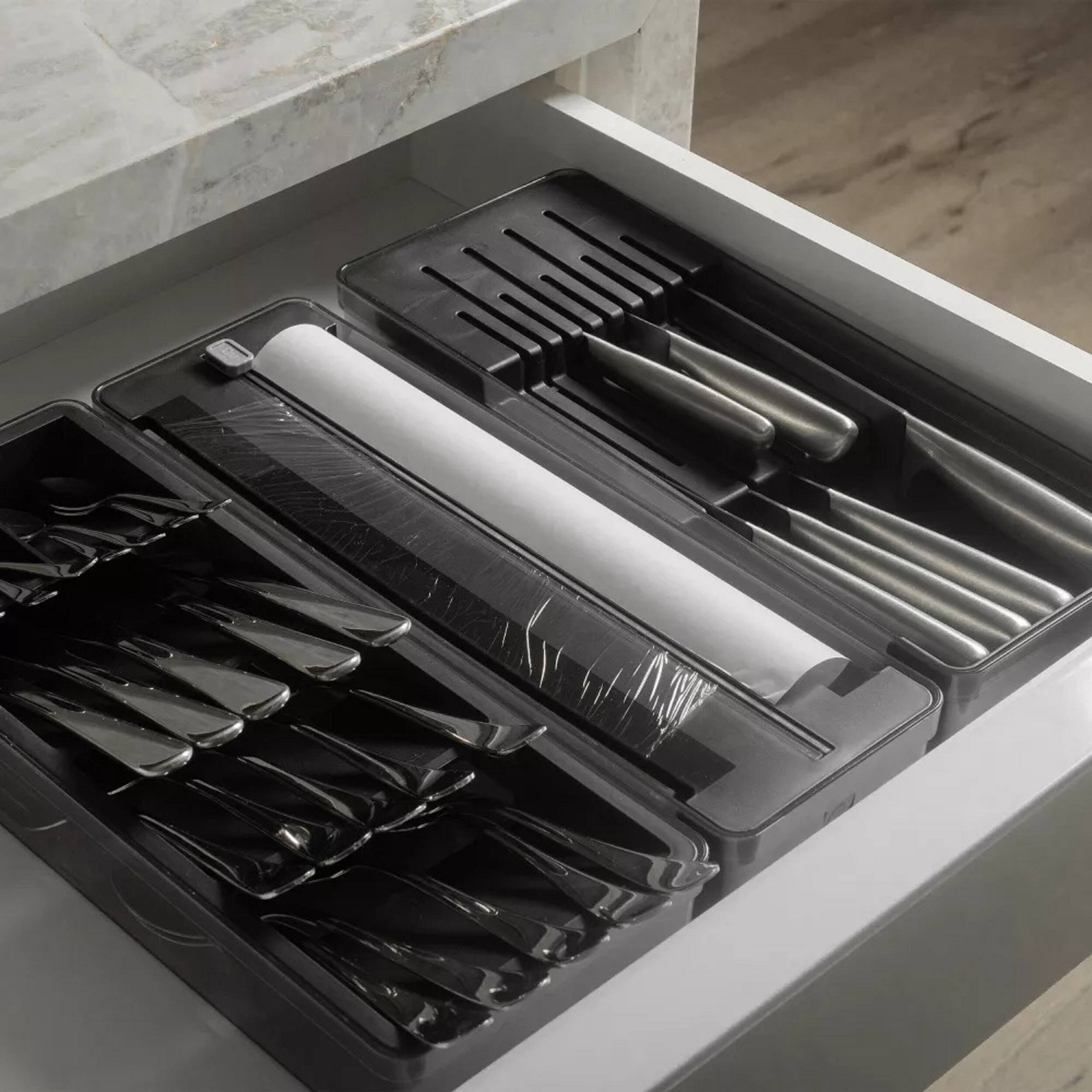 Angle. OU - OU In-Drawer Silverware and Utensils Organizer Set – Knife & Utensil Holder, Wrap Roll Dispenser - Black - Black.